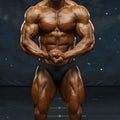 A muscular male bodybuilder wearing metro musclwear basic black competition suit with tanned defined physique