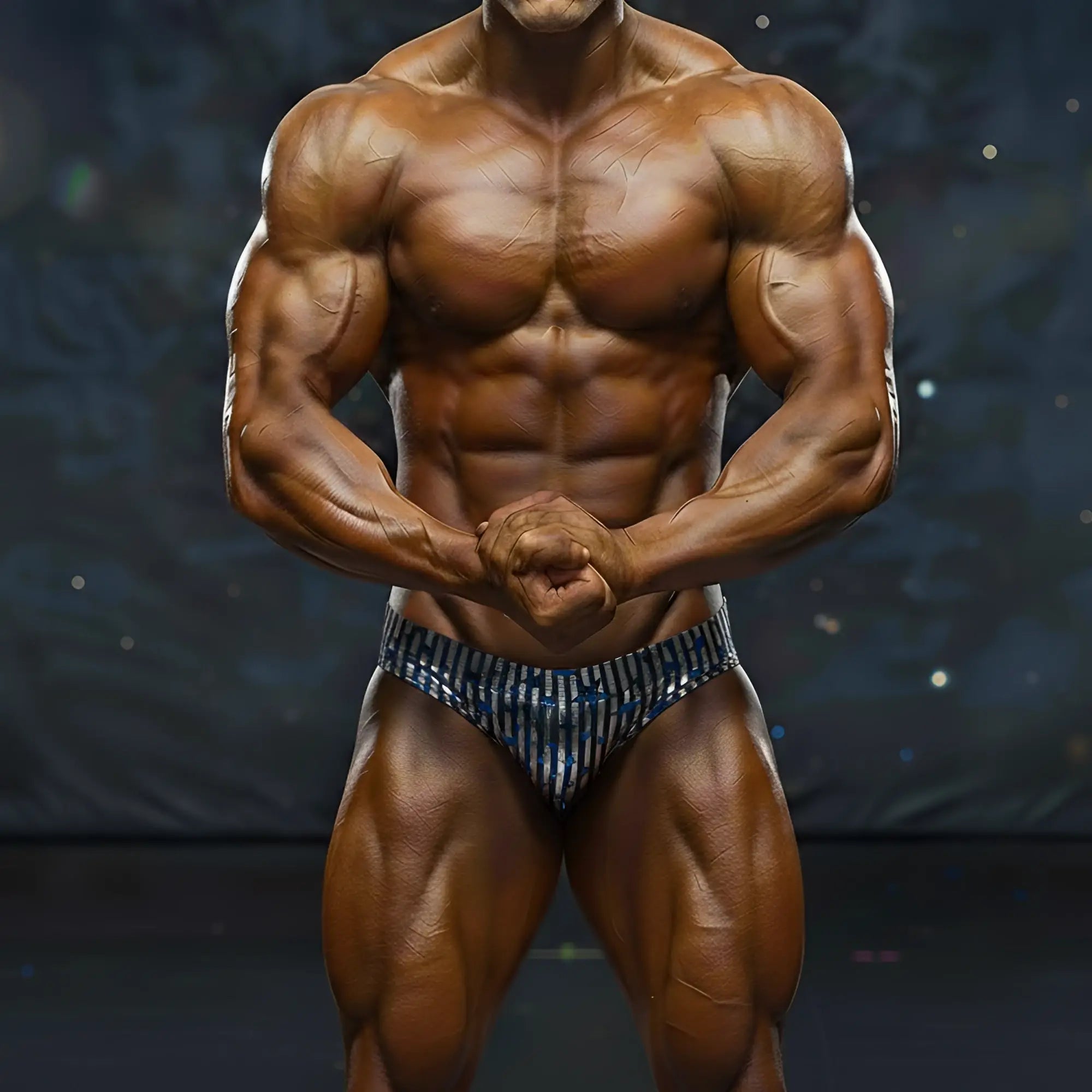 A muscular male bodybuilder wearing metroMalewear basic competition suit with blue and white stripes