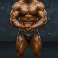 A muscular male bodybuilder wearing dark gray patterned briefs in metro male wear basic competition suit gold 4974-73
