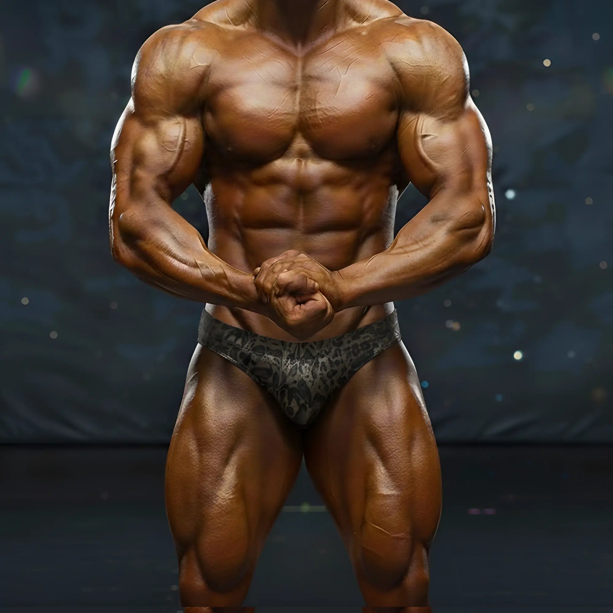 A muscular male bodybuilder wearing dark gray patterned briefs in metro male wear basic competition suit gold 4974-73