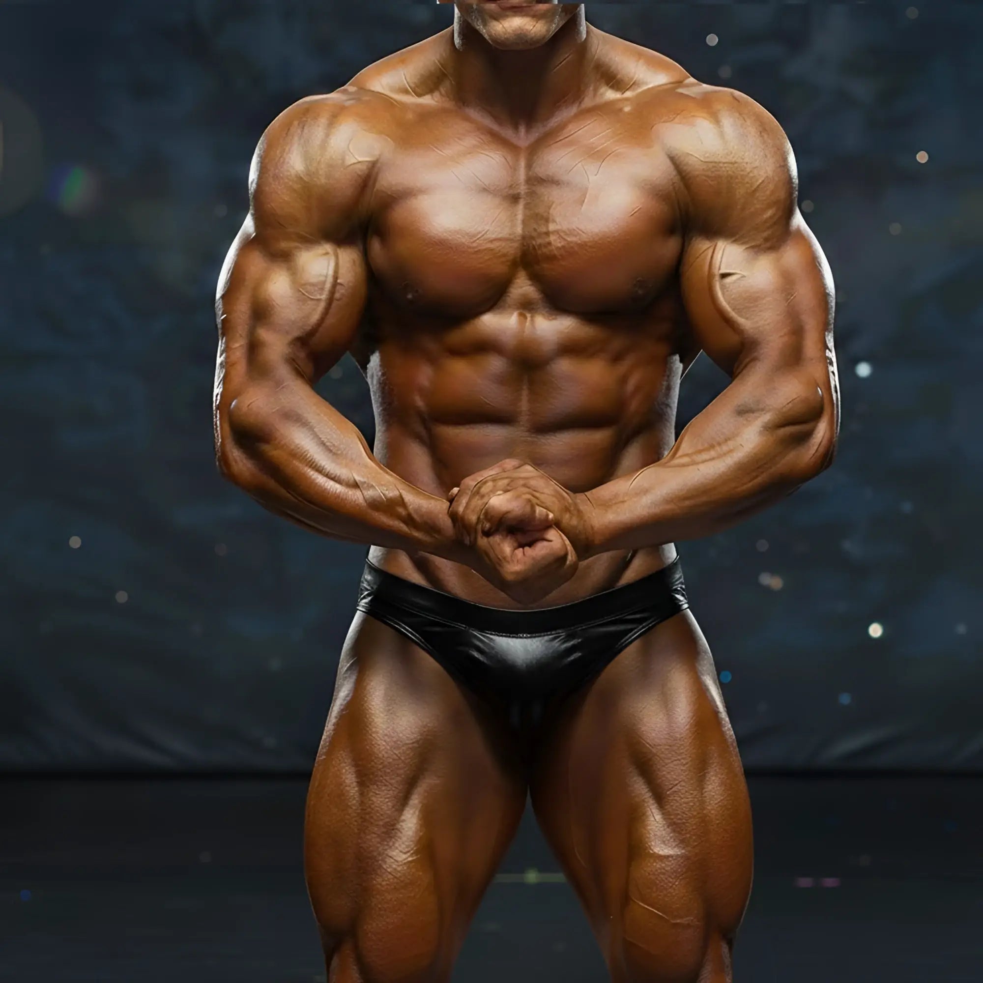 A muscular male bodybuilder wearing a black leather competition brief from MetroMaleWear MetroMuscleWear