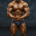 A muscular male bodybuilder wearing a navy dark blue form-fitting metro musclwear competition suit briefs