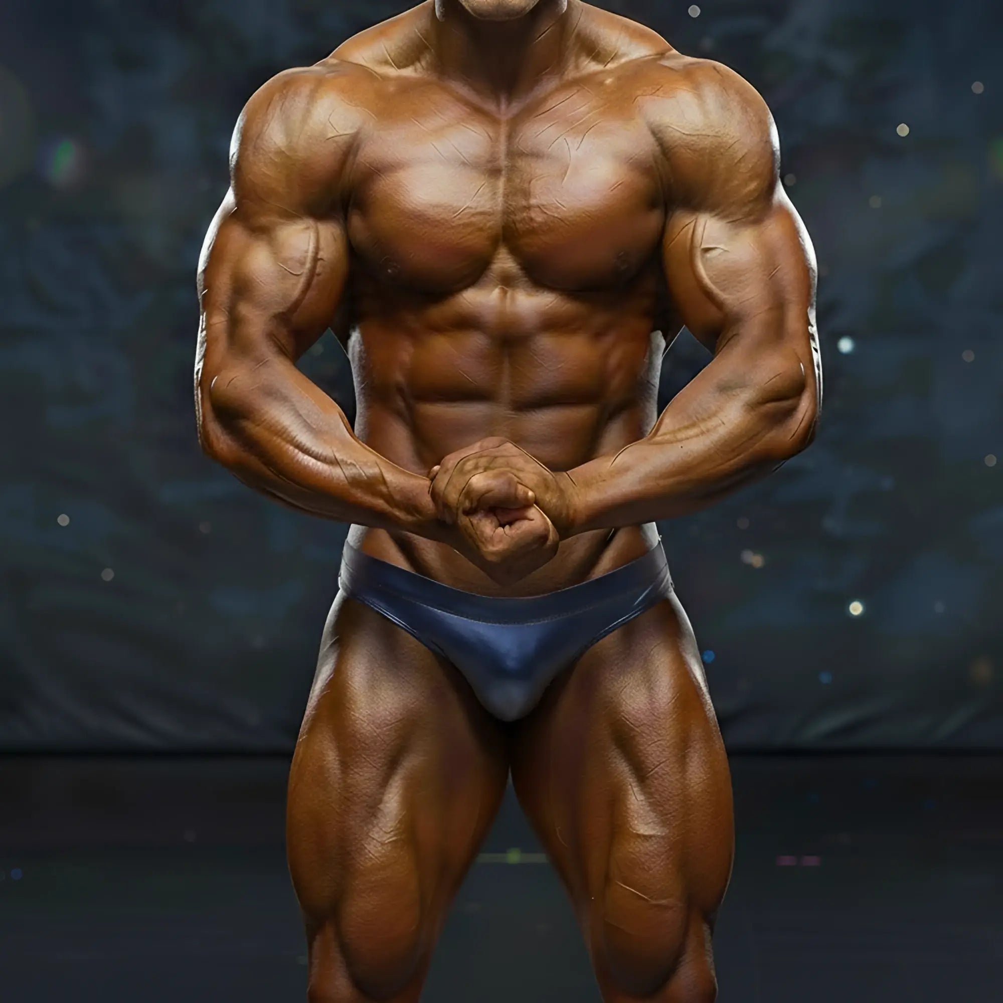A muscular male bodybuilder wearing a navy dark blue form-fitting metro musclwear competition suit briefs