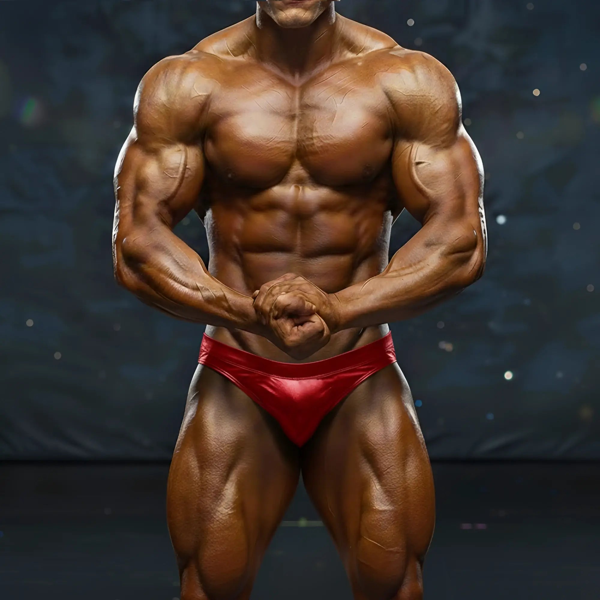 A muscular man wearing shiny red MetroMaleWear MetroMuscleWear basic competition briefs for bodybuilding use