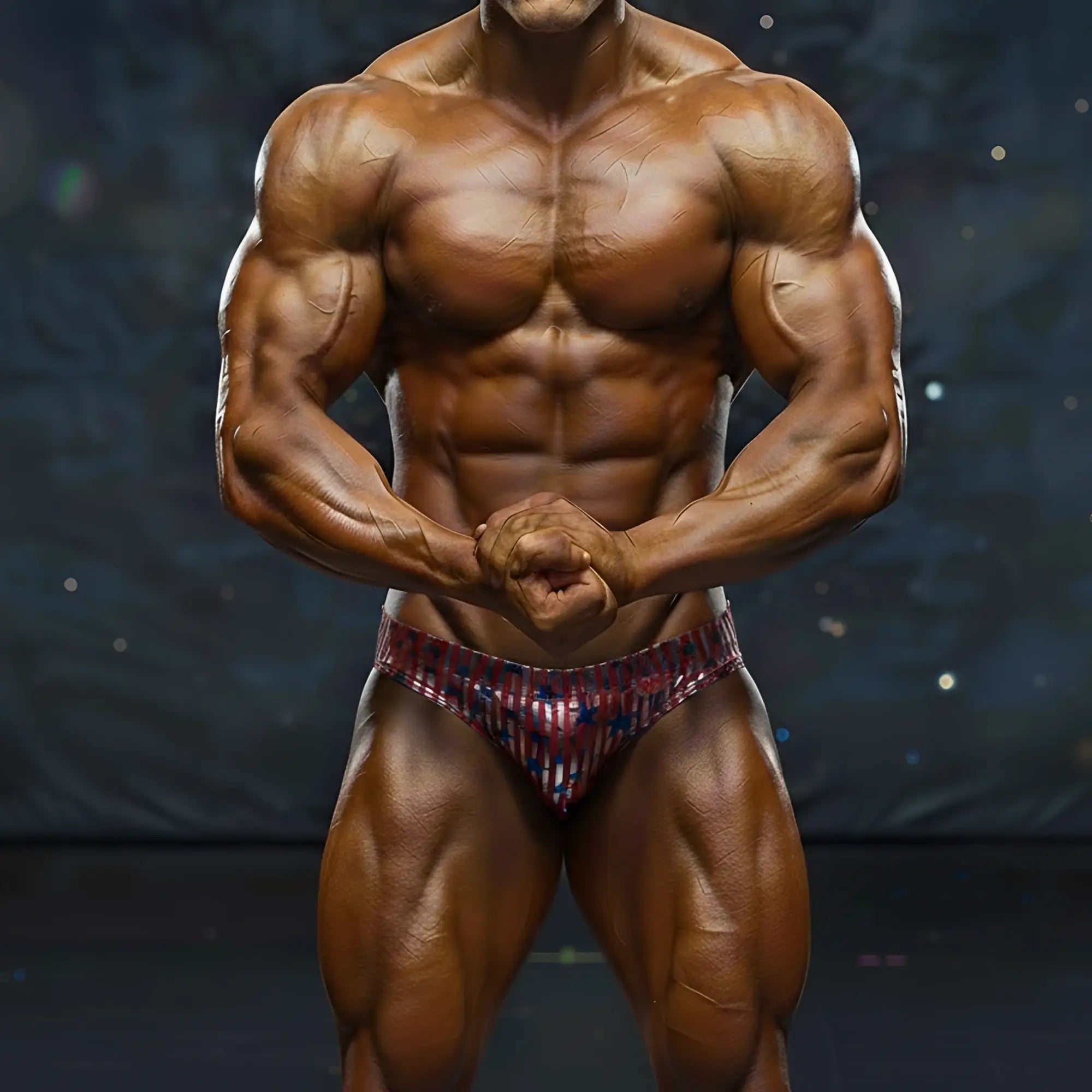 A muscular man wearing MetroMaleWear basic competition suit in red, white, and blue for muscle competitions