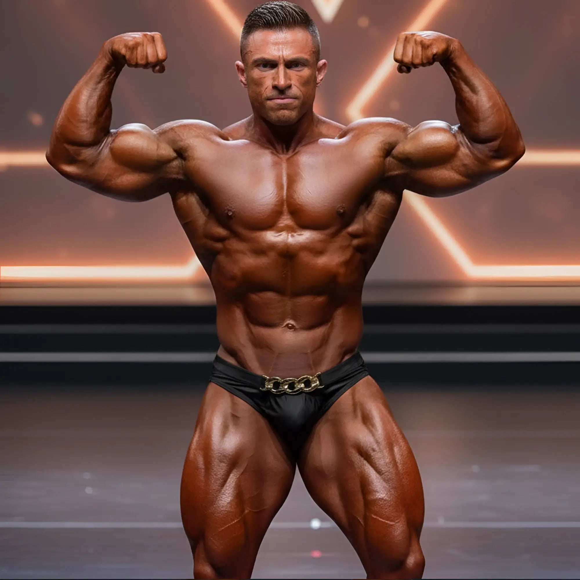 A muscular man wearing MetroMaleWear MetroMuscleWear cadena gold black competition trunks with a gold chain belt