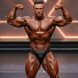 A muscular man wearing black MetroMaleWear MetroMuscleWear Cadena silver chain belt competition briefs