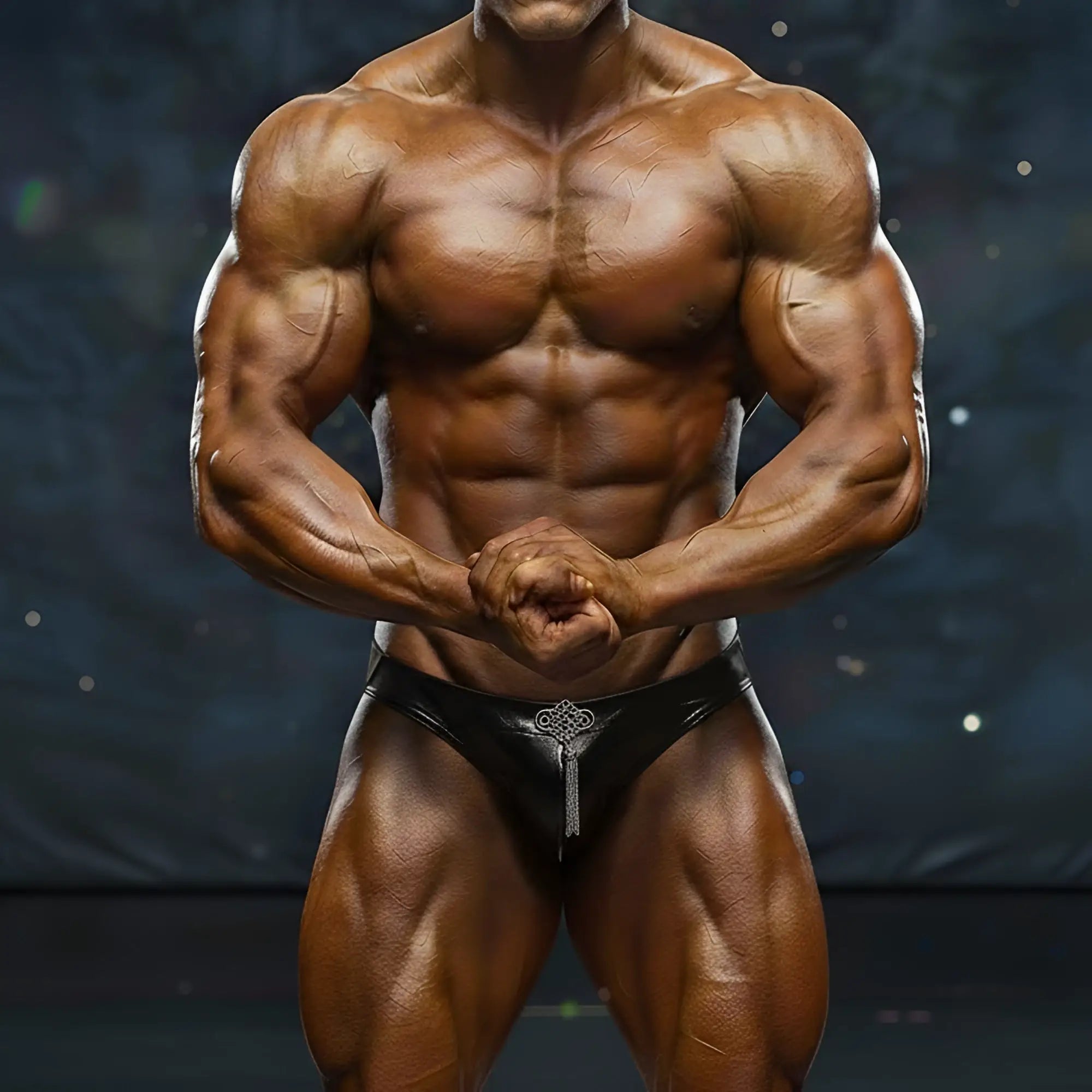 Black leather briefs with silver keyhole design front from MetroMaleWear MetroMuscleWear competition suit black 4974-20