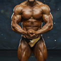 A muscular man wearing black and gold MetroMaleWear MetroMuscleWear competition briefs suit front view