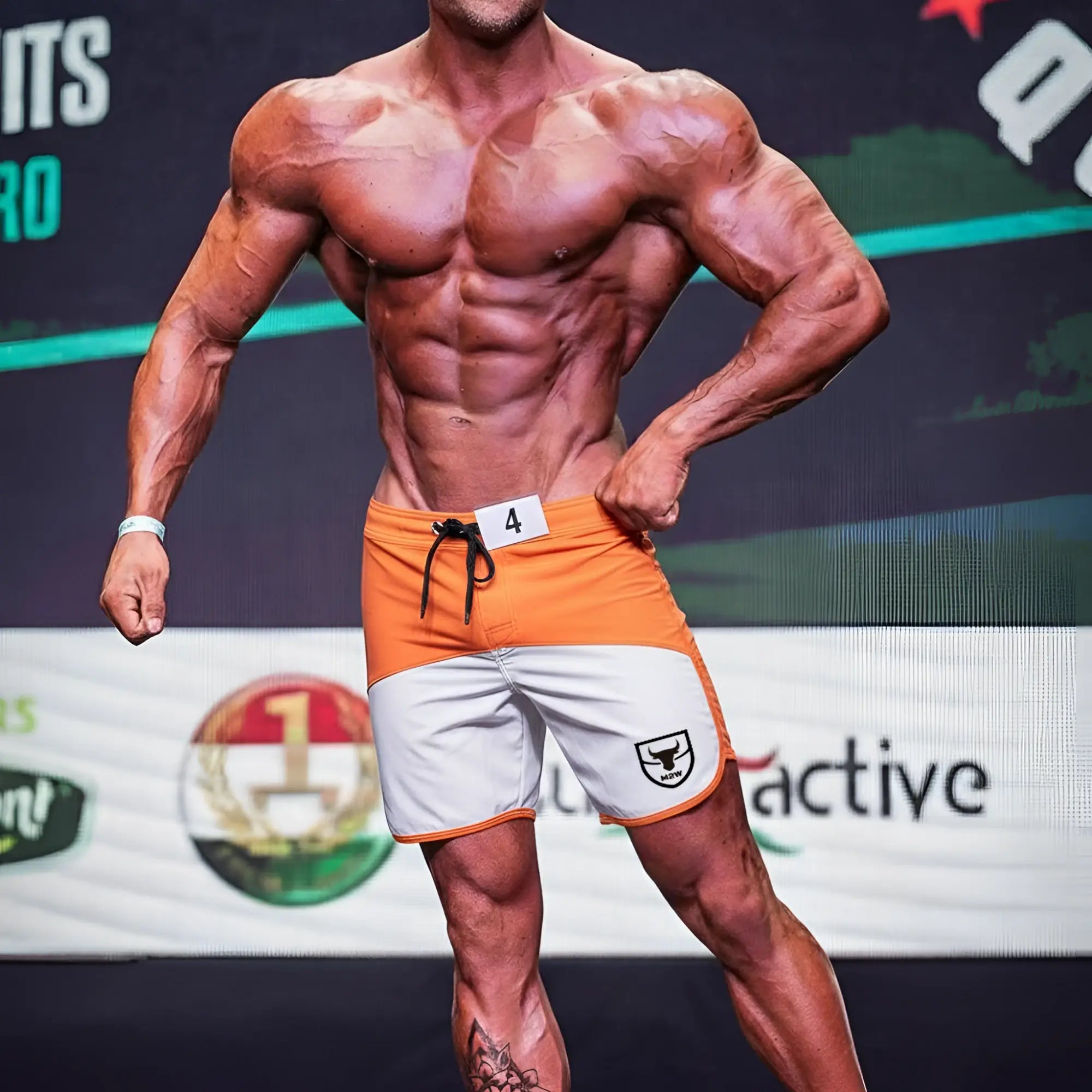 MetroMaleWear MetroMuscleWear Cordoba physique board short orange and white with black drawstring and shield logo on side