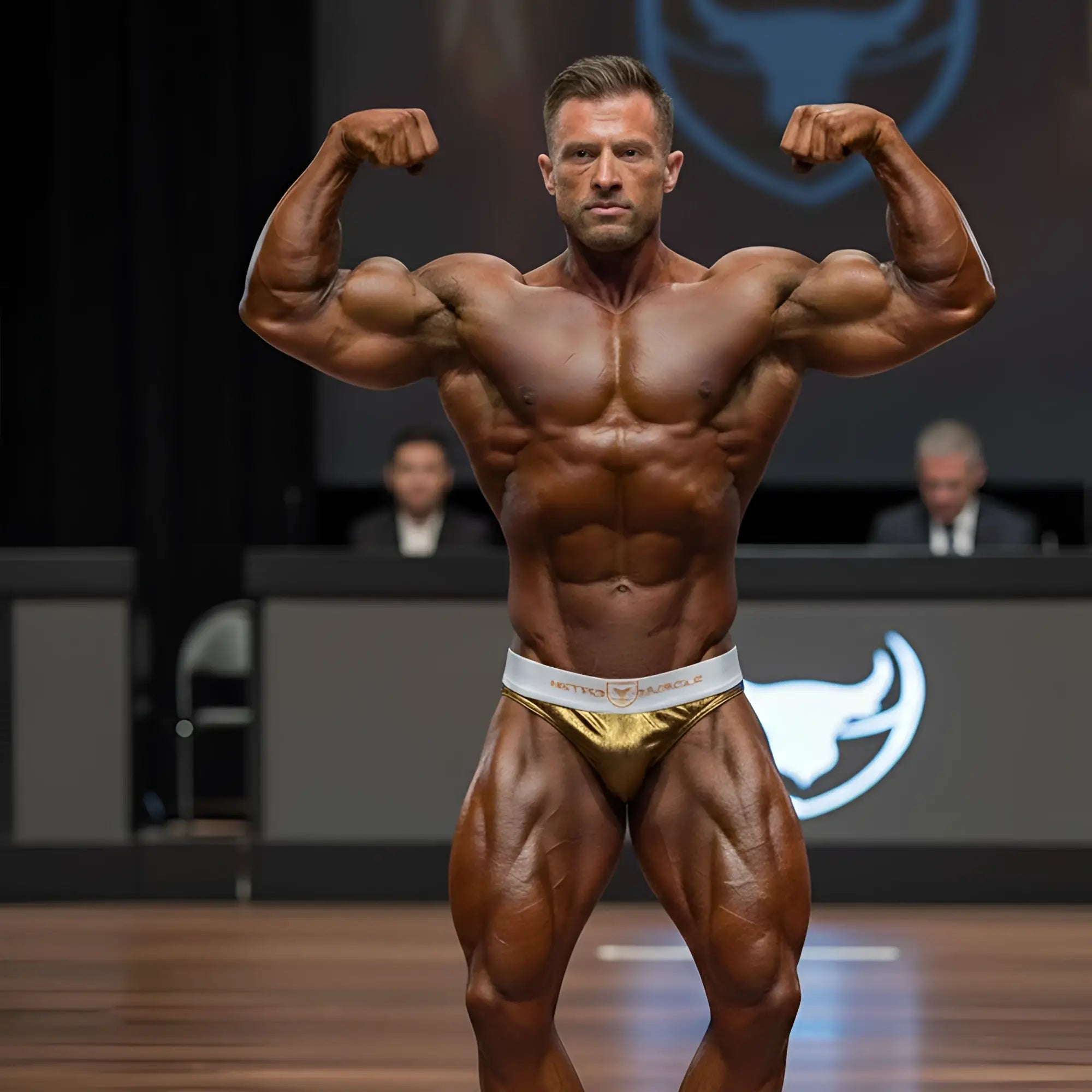 A muscular man wearing gold and white MetroMaleWear MetroMuscleWear Cortina muscle trunk showcasing defined physique