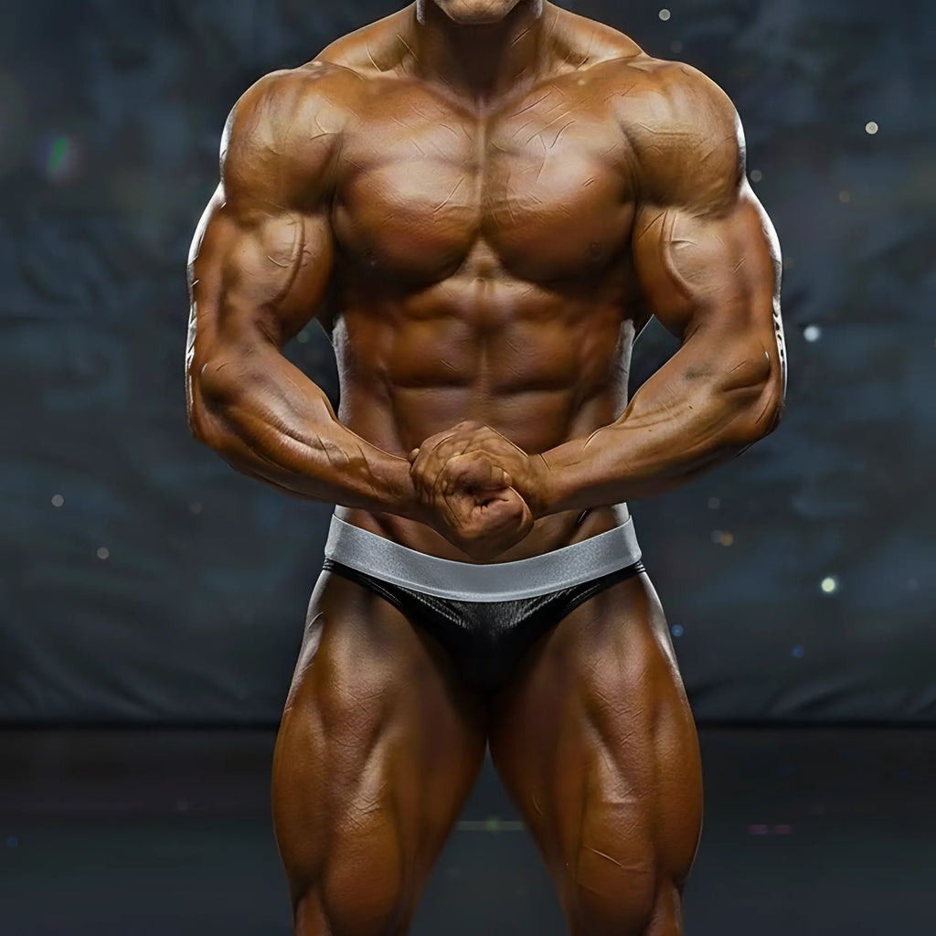 A muscular male bodybuilder wearing black and silver MetroMaleWear MetroMuscleWear DIY competition briefs