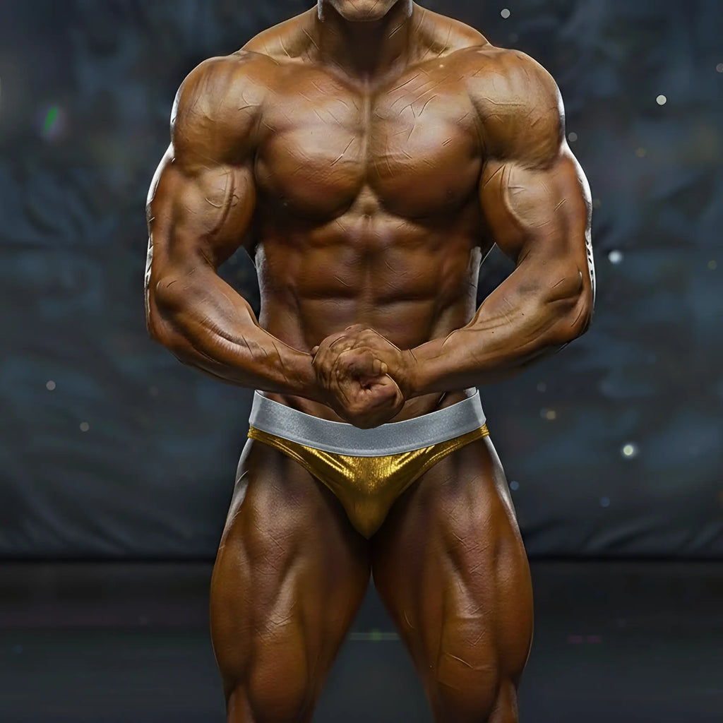 A muscular male bodybuilder wearing shiny gold and silver MetroMaleWear MetroMuscleWear DIY competition briefs