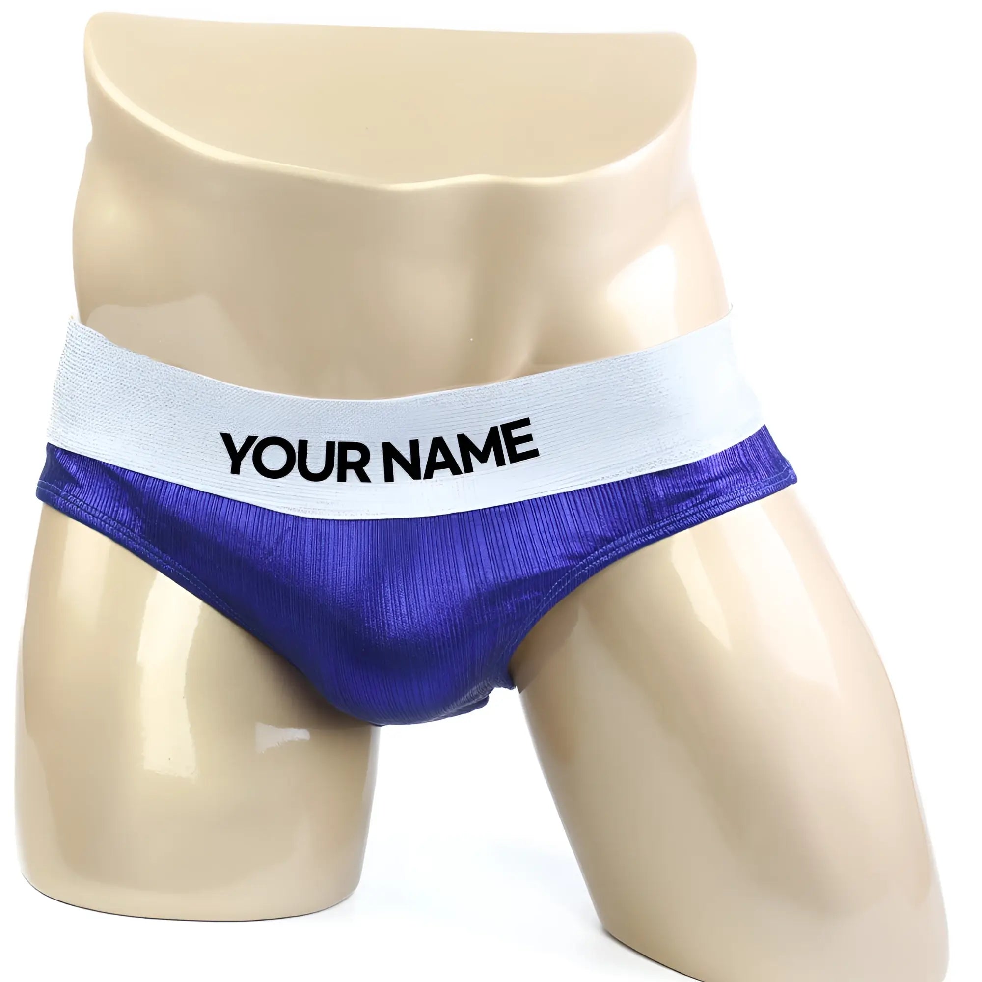 Purple textured briefs with white waistband customized with your name by MetroMaleWear for muscle competition use