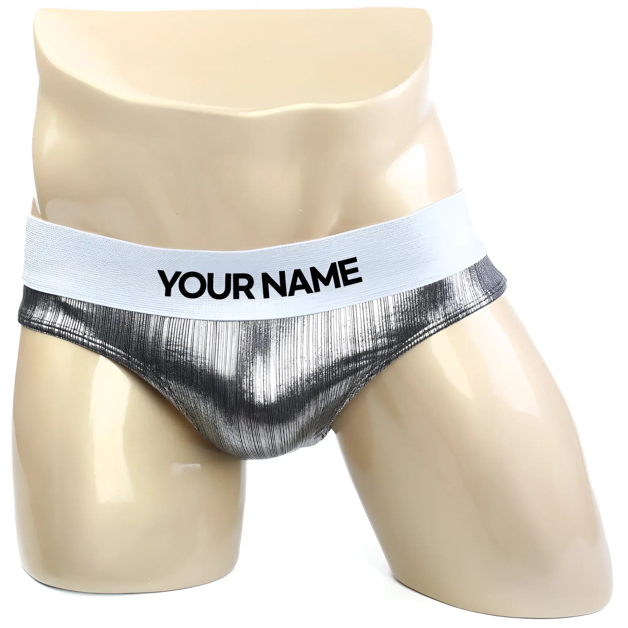 Silver metallic textured briefs with white elastic waistband featuring your name by metromalewear metromusclewear
