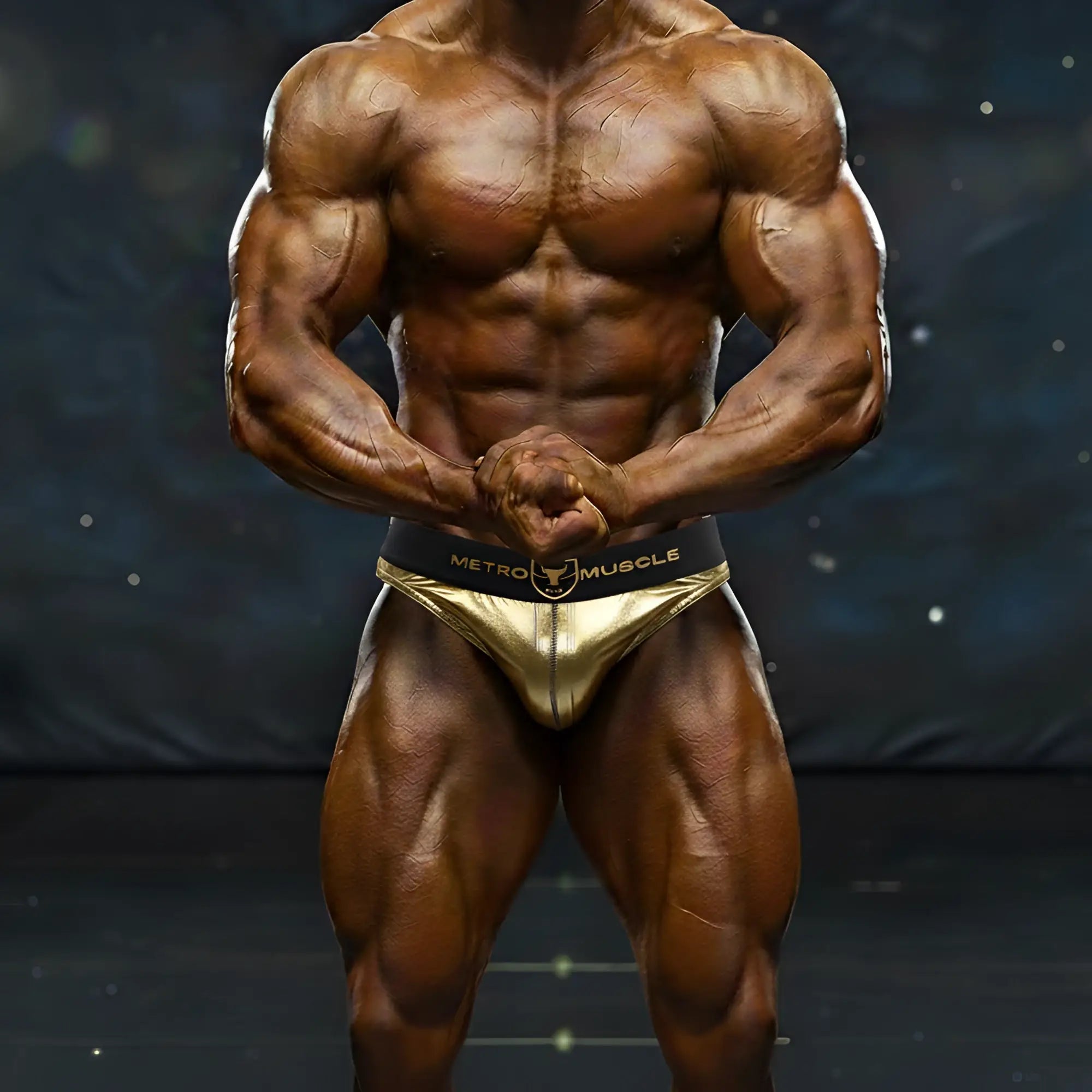 Gold metallic briefs with black metro muscle branded waistband from metromalewear metro muscle wear dorado trunk