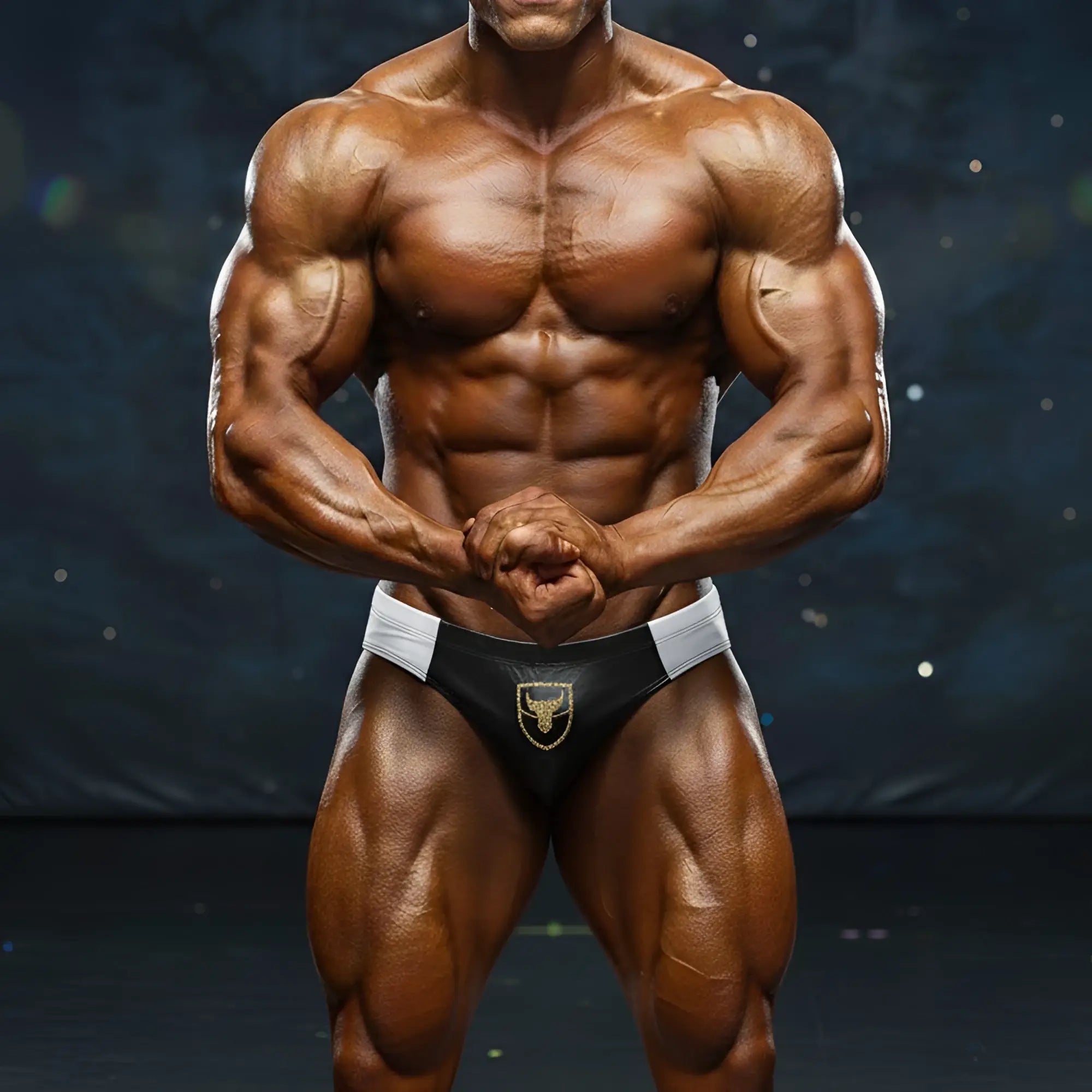 Black and white athletic briefs with gold bull emblem front from metromalewear ethan competition suit 4974-01