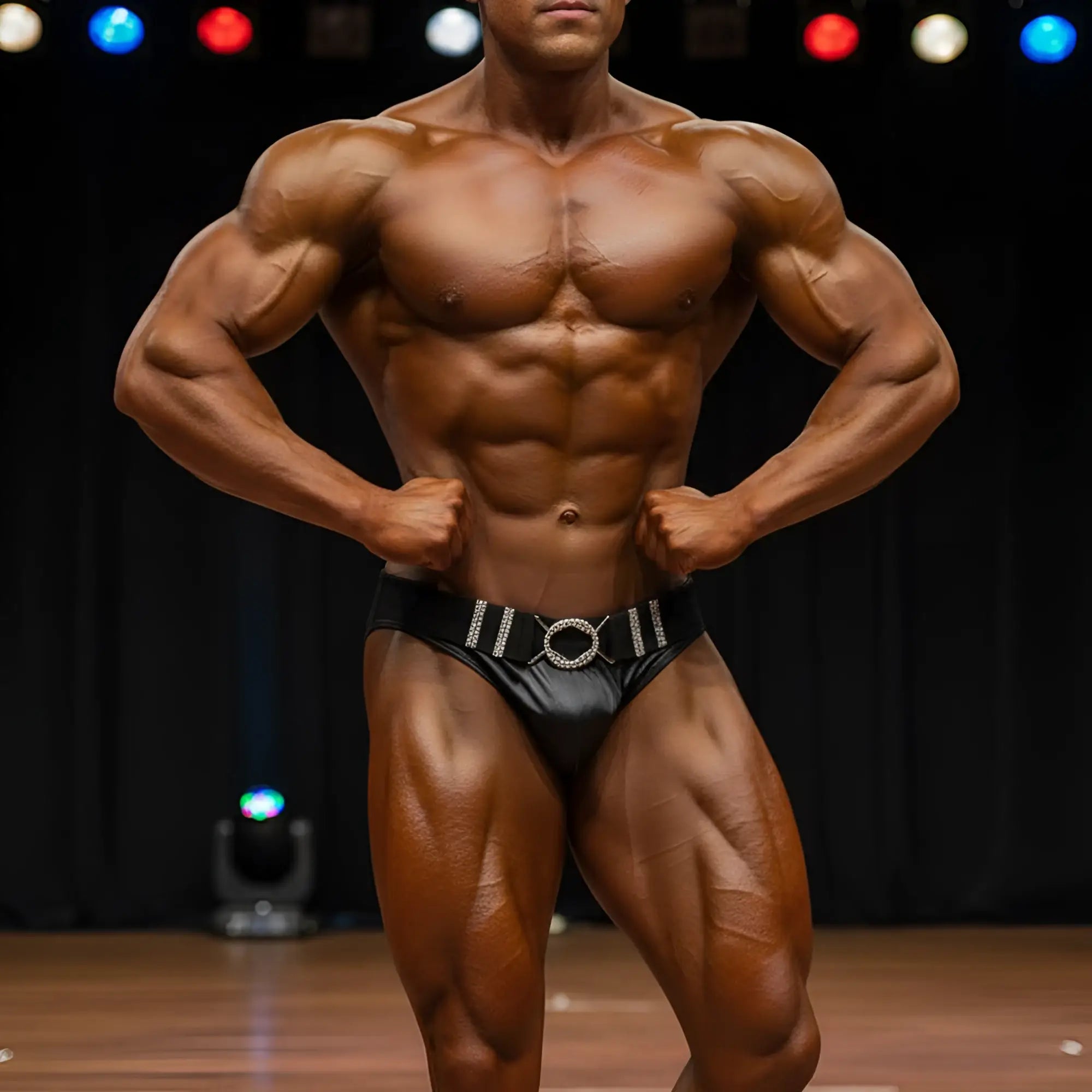 Black leather briefs with a silver rhinestone belt buckle from metromalewear metromusclewear forte muscle trunk 4700-22