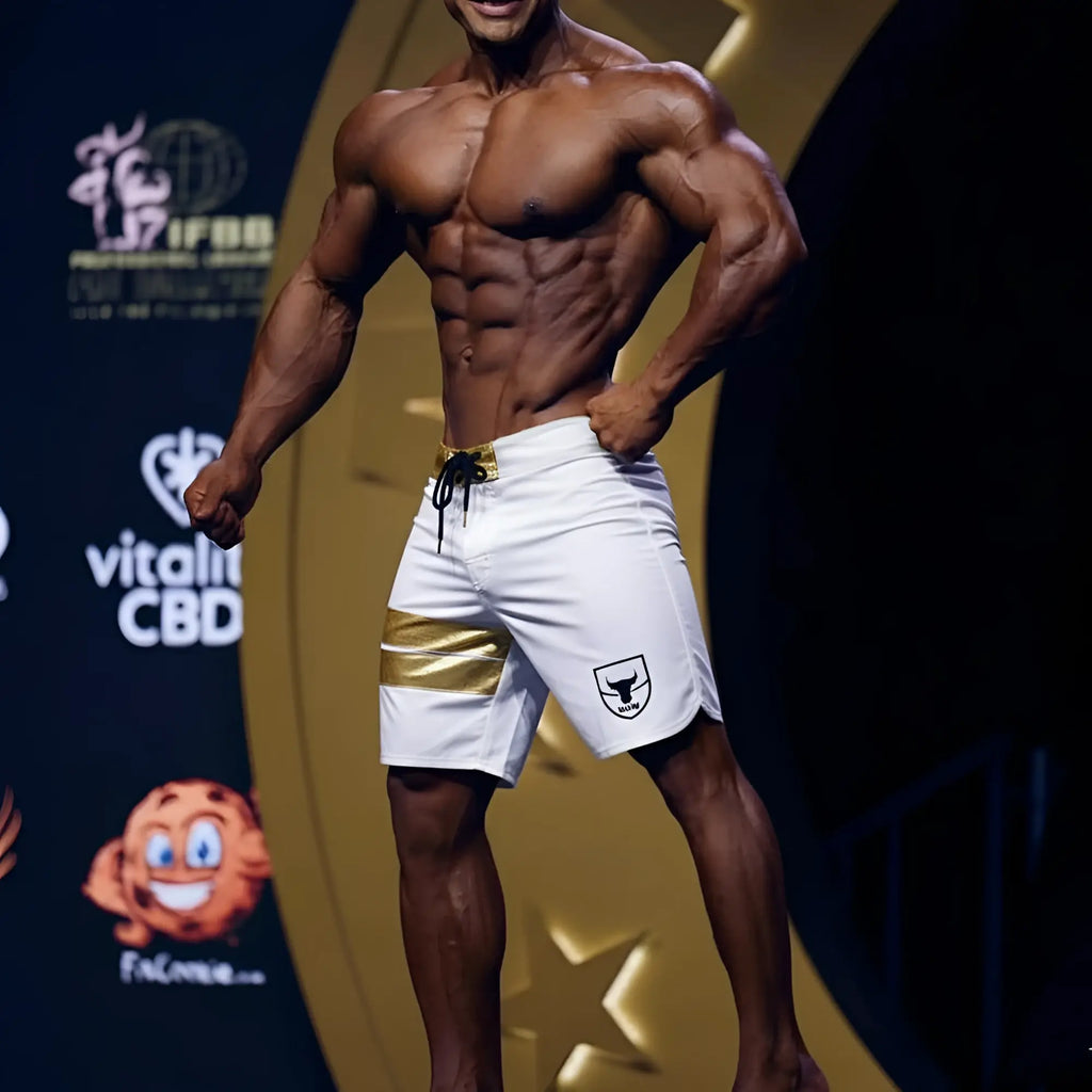 White athletic shorts with gold stripe black drawstring and shield logo on left leg metro malewear gold physique board short