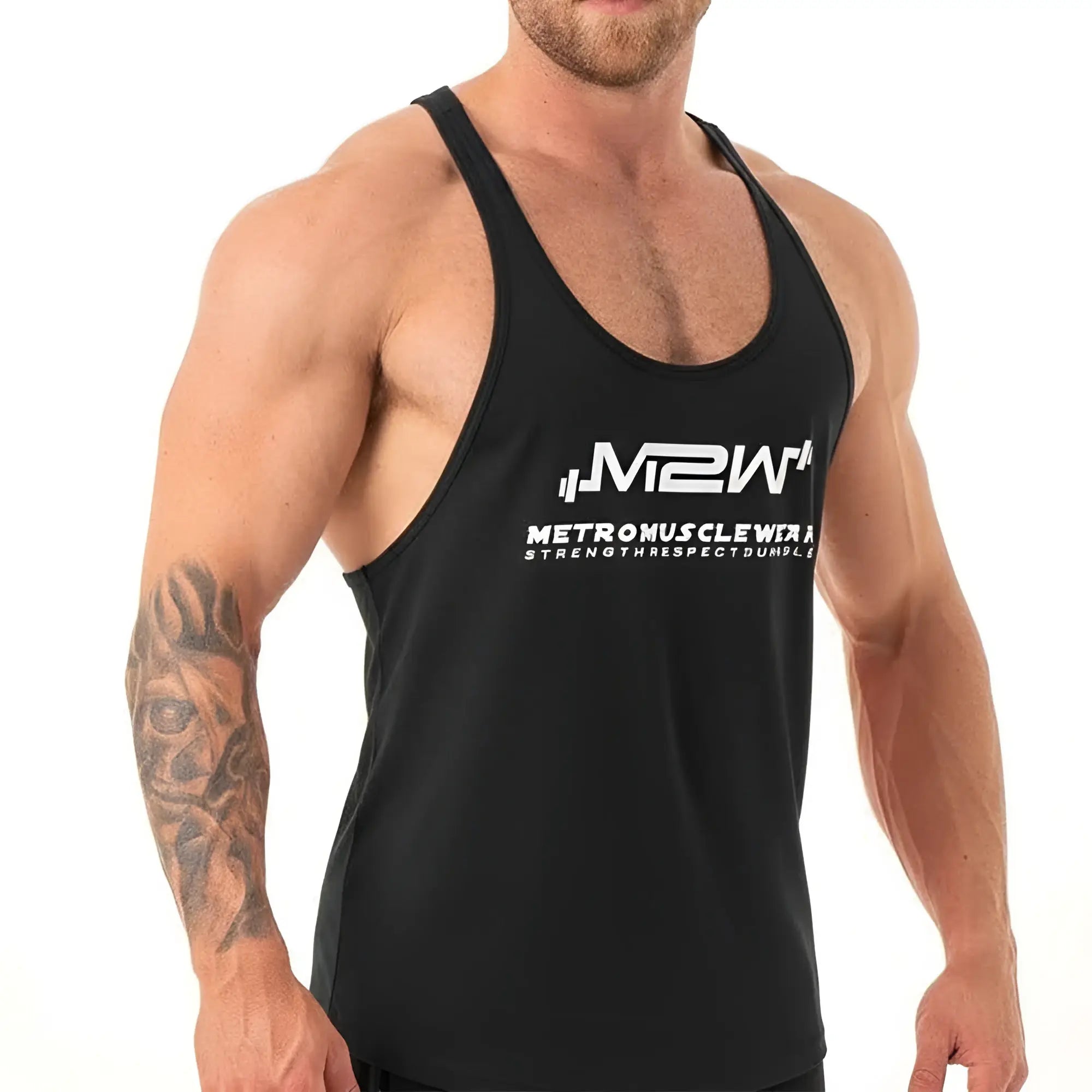 Black metro musclwear gym tank top m1027-20 with white logo and text for workout and casual wear