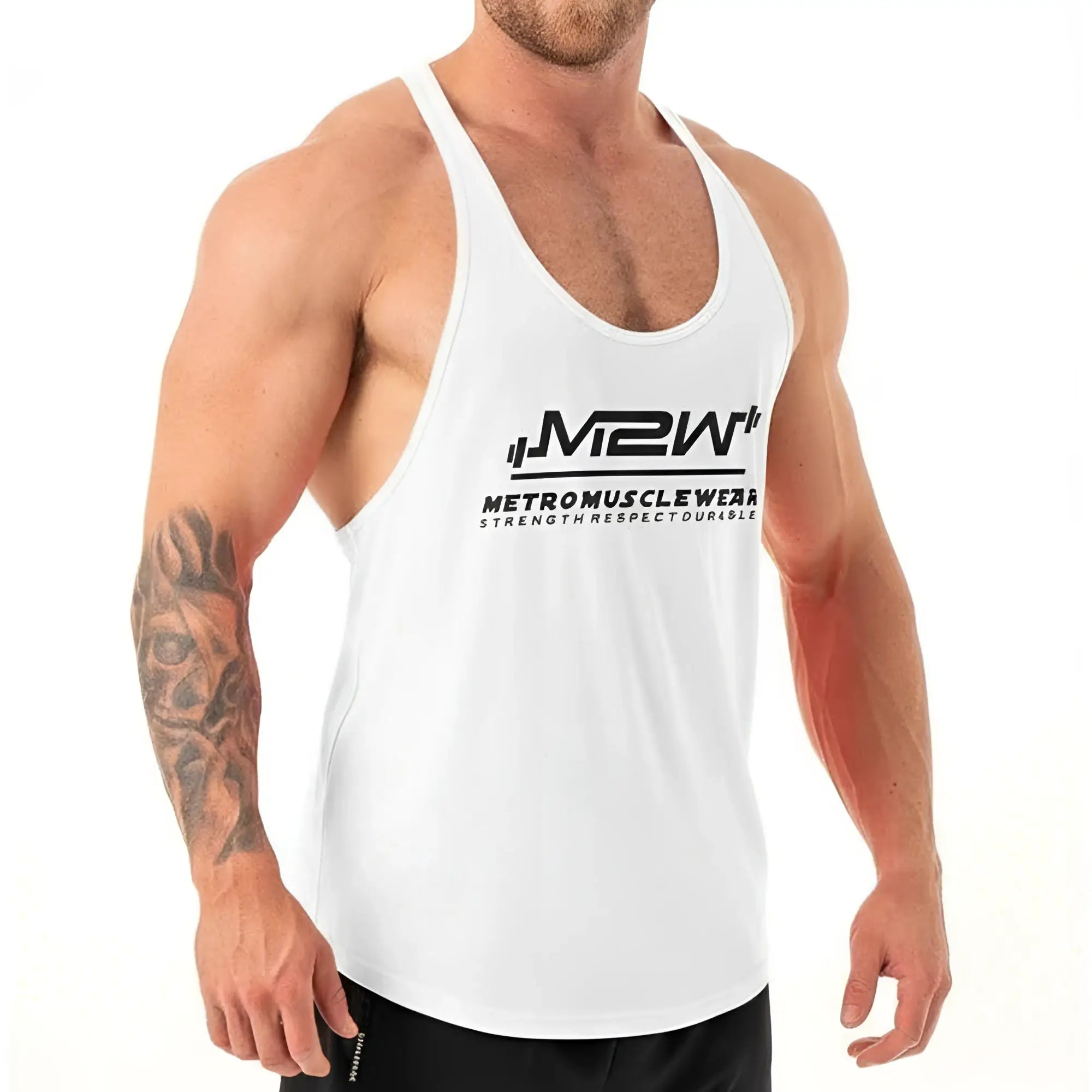 White gym tank top by metromalewear with black m2w logo and strength respect durable text on front