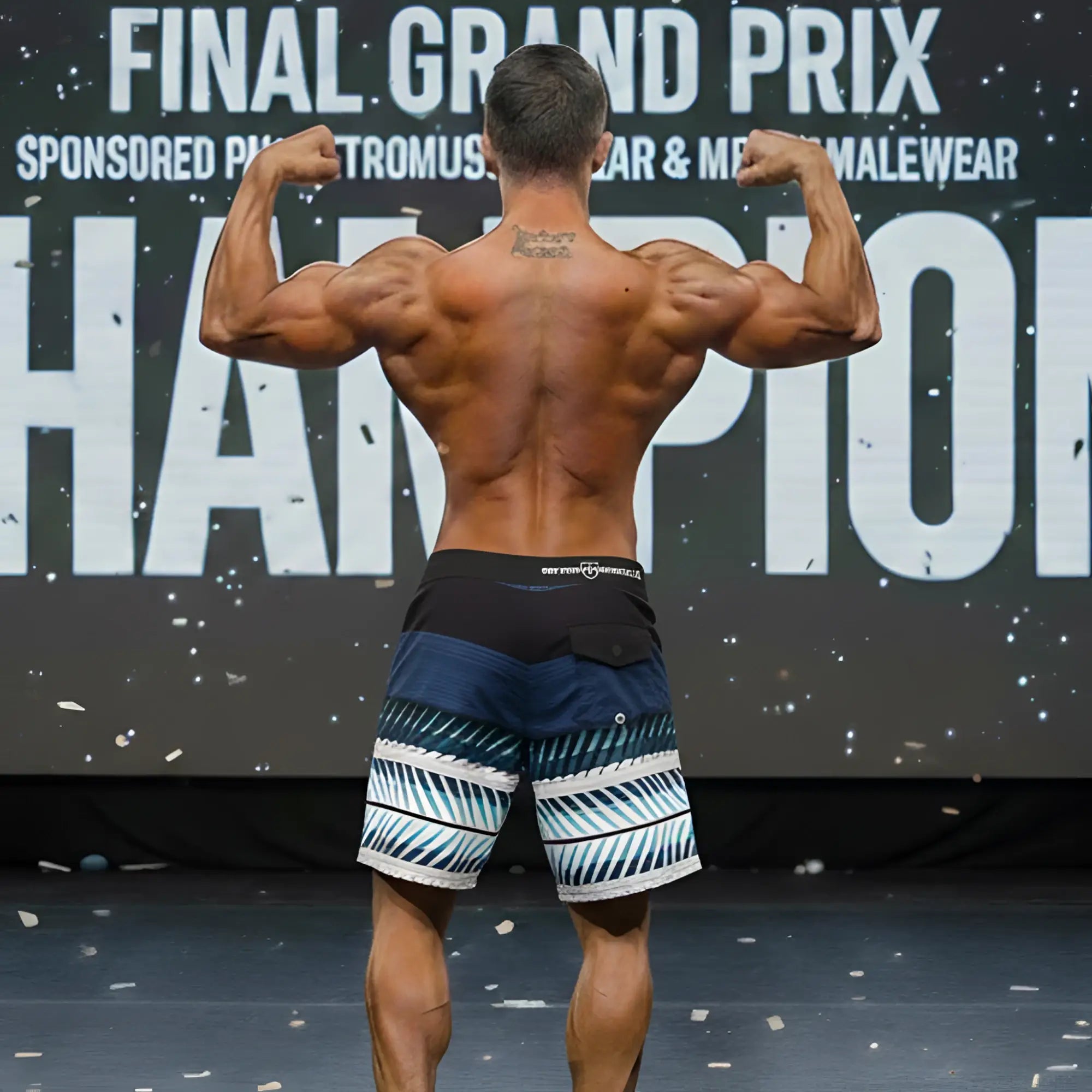 Blue and white patterned metro musclwear harvest physique board short with black waistband for swimwear use