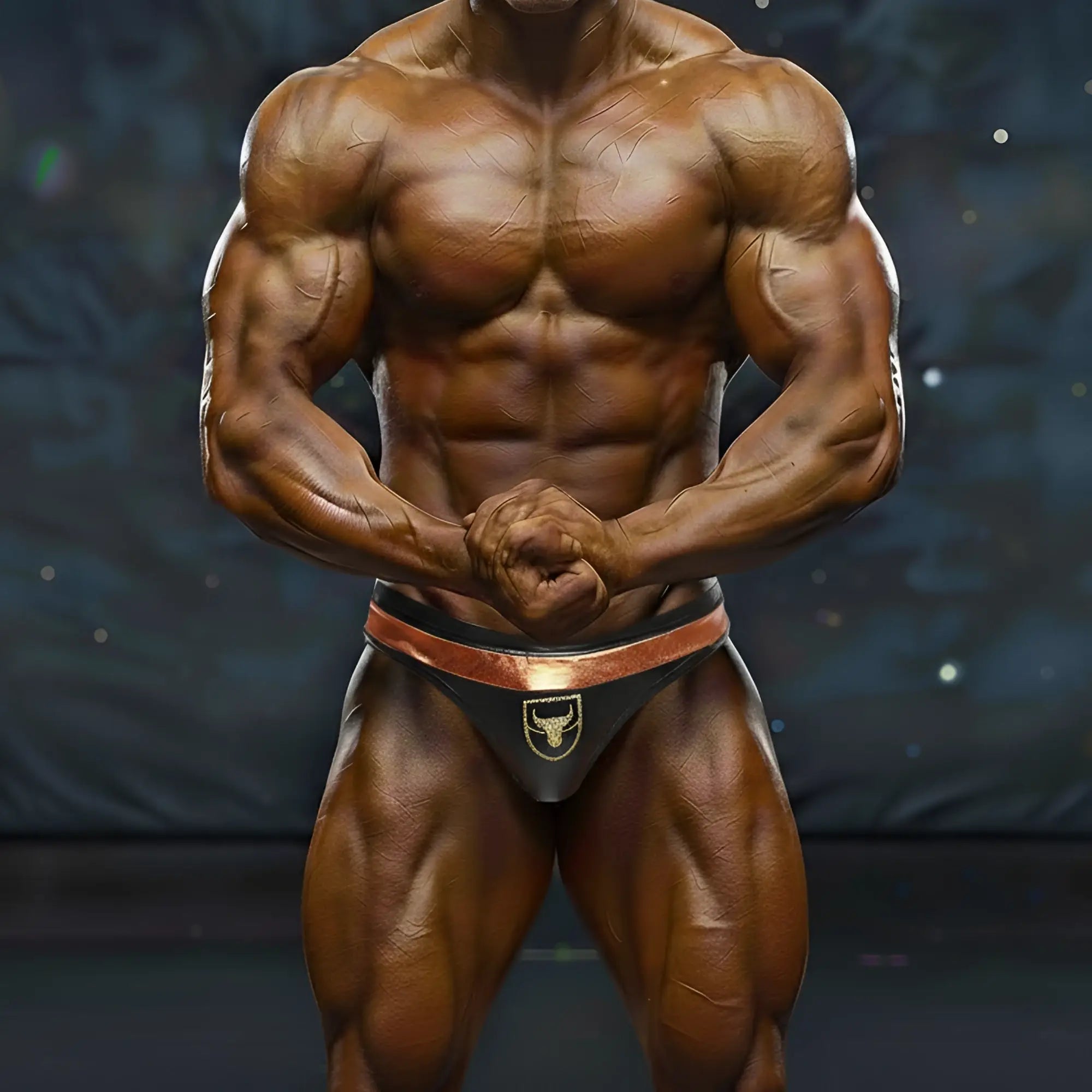Black and copper-trimmed MetroMaleWear Hudson bodybuilding briefs with gold bull emblem for competition use