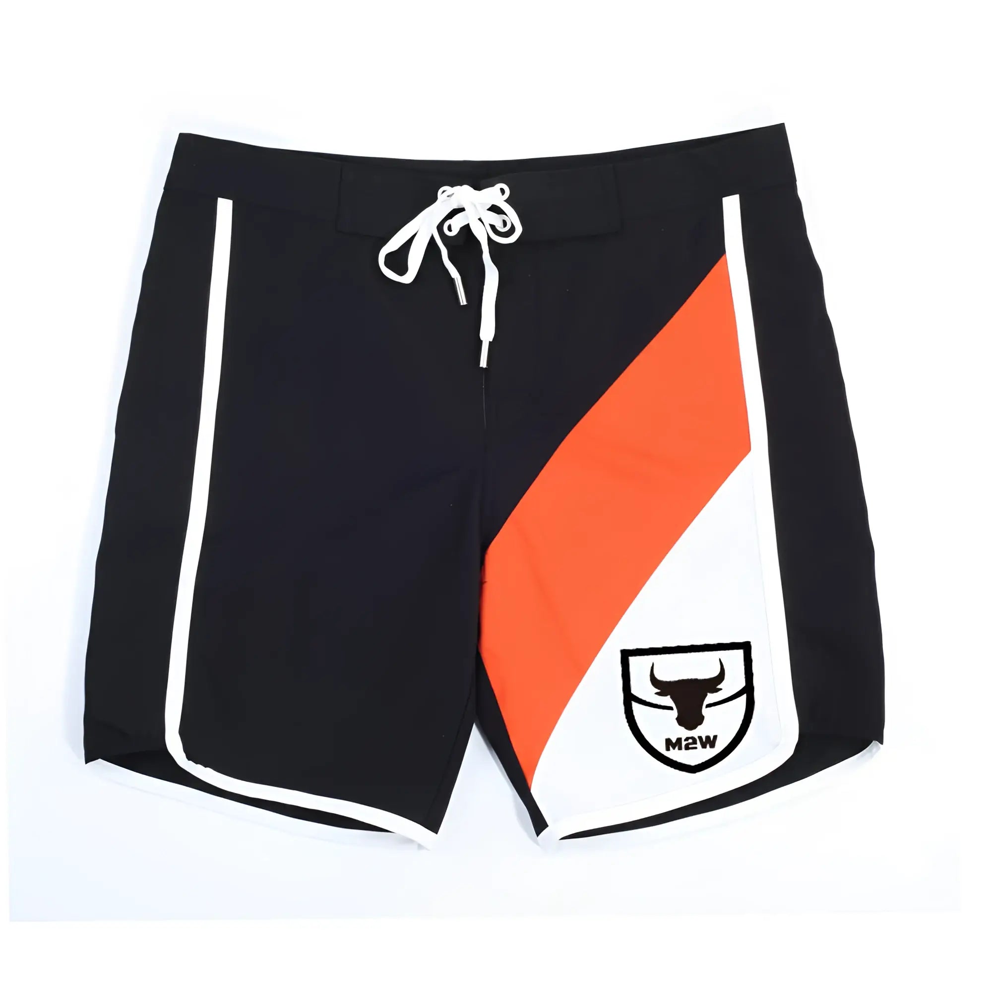 Black board shorts with bold orange and white diagonal stripe, white drawstring waistband, and m2w logo patch on lower leg