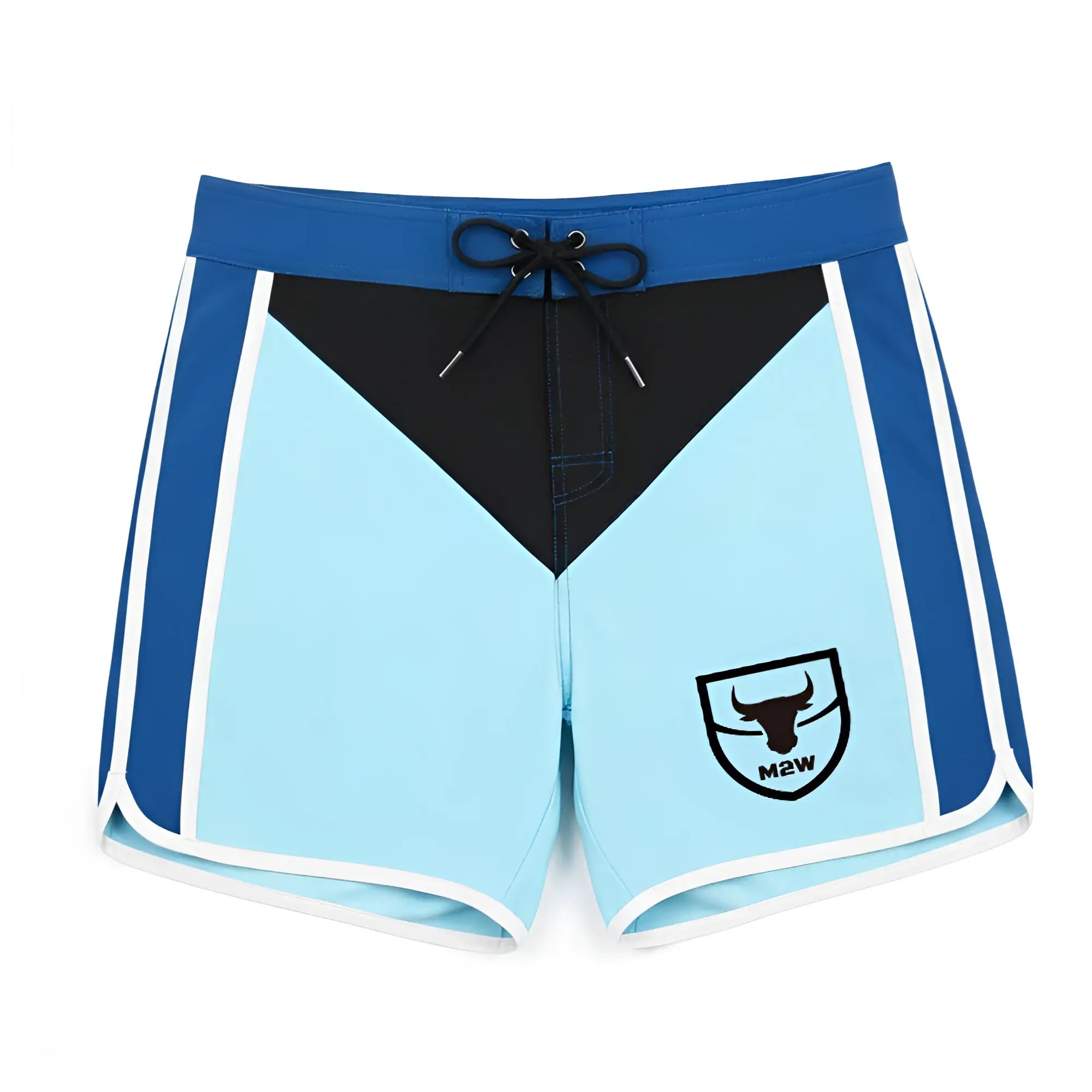 Light blue and navy MetroMaleWear IFBB Pro mens physique board shorts with black triangular panel and white side stripes