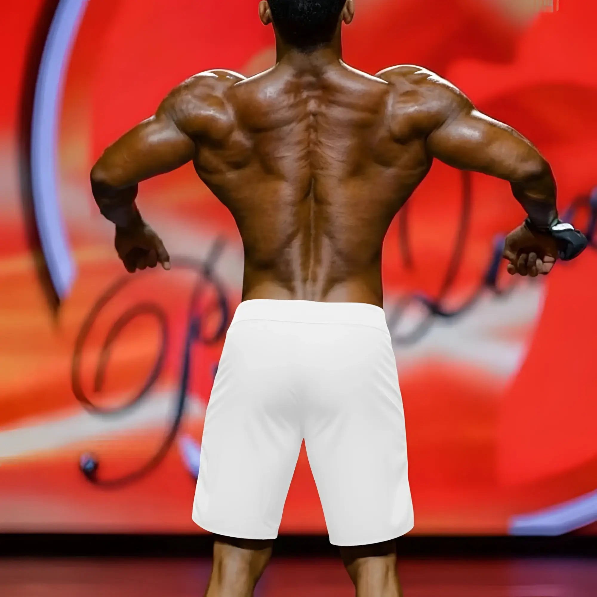 White athletic shorts by metromalewear with a clean minimalist design for mens physique board use