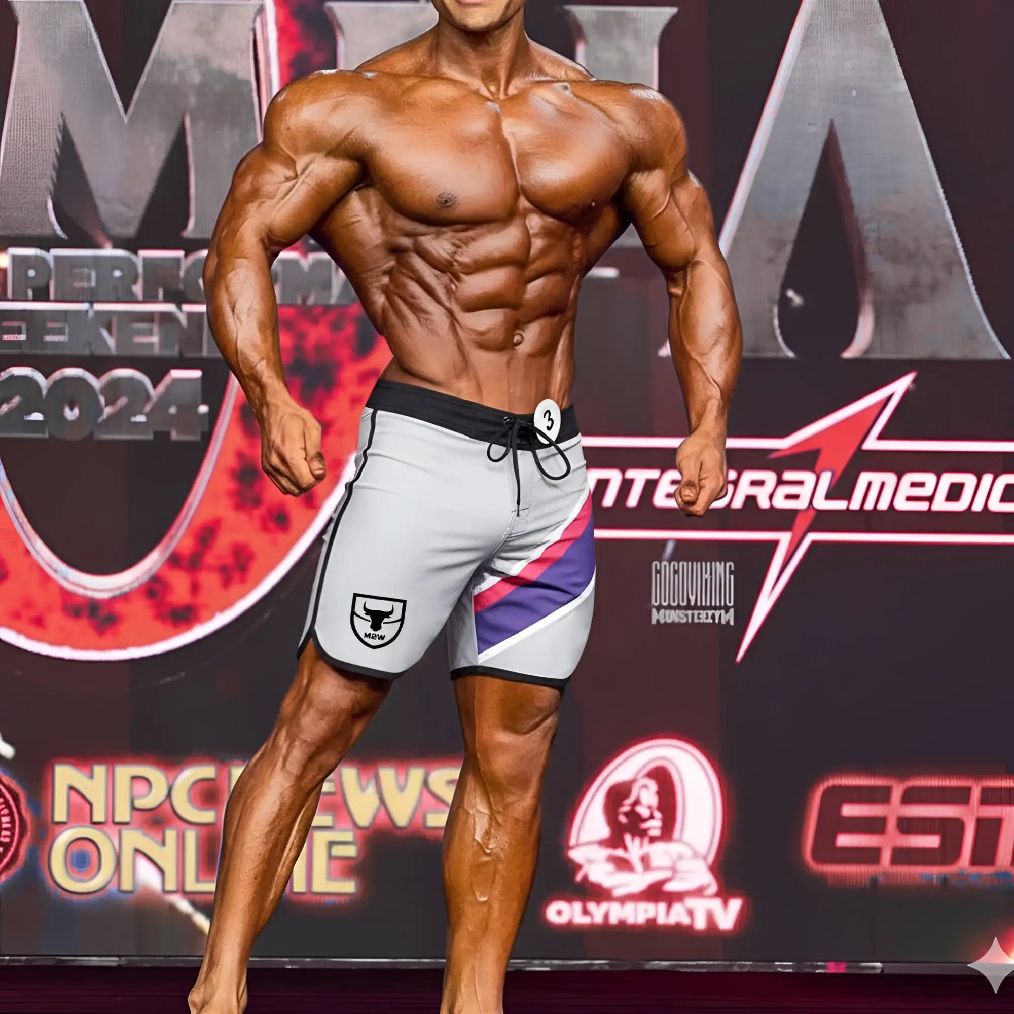 Gray metromusclewear athletic shorts with black trim purple pink diagonal stripe and white bull logo on left leg