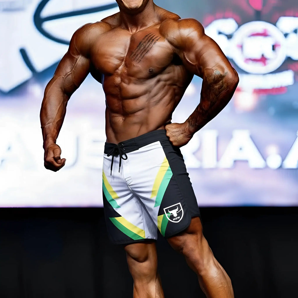 Metro malewear metromusclewear ifbb pro mens physique board short pine 4717-71 in black white and green with diagonal stripe