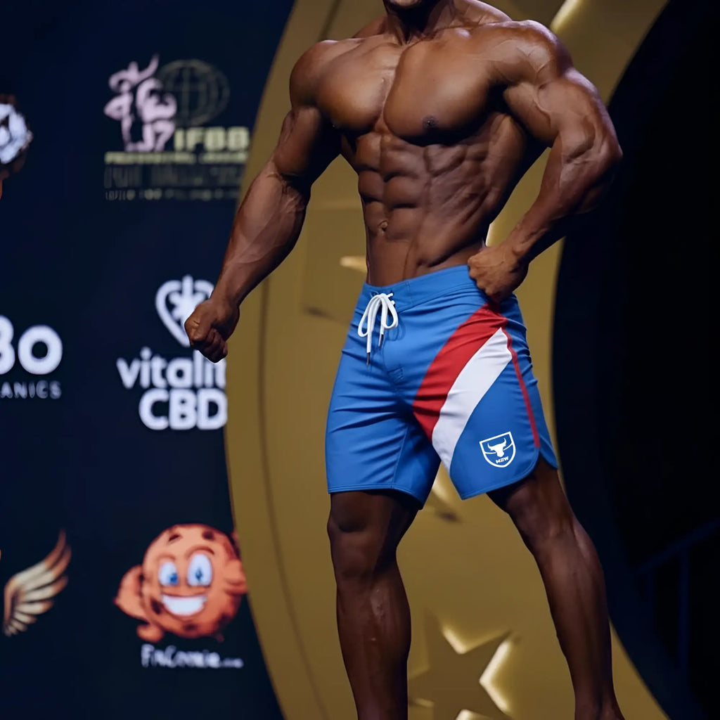 MetroMaleWear MetroMuscleWear IFBB Pro mens physique board short royal in blue red and white with white drawstring