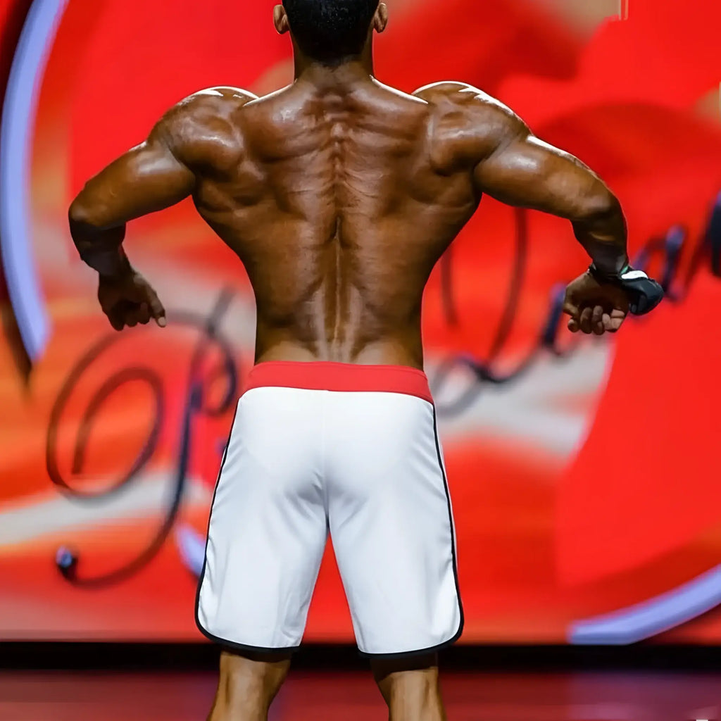 White shorts with red waistband and black trim metro male wear metro muscle wear ifbb pro mens physique board short