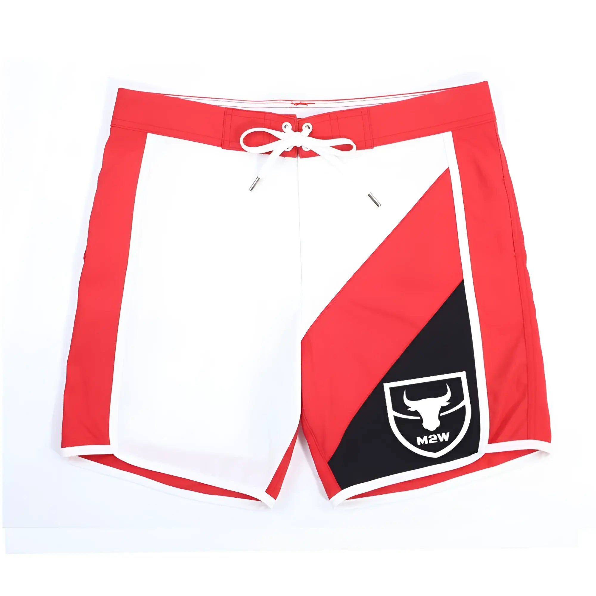 MetroMaleWear MetroMuscleWear IFBB Pro men’s physique board shorts in red white and black with bold diagonal stripes and m2w bull logo patch