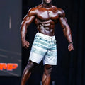 White and teal striped swim trunks with drawstring waistband from metromalewear metromusclewear innocent physique board short 4716-71