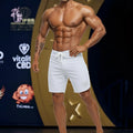 White athletic MetroMaleWear MetroMuscleWear Intenso Physique board shorts with drawstring waistband and shield logo