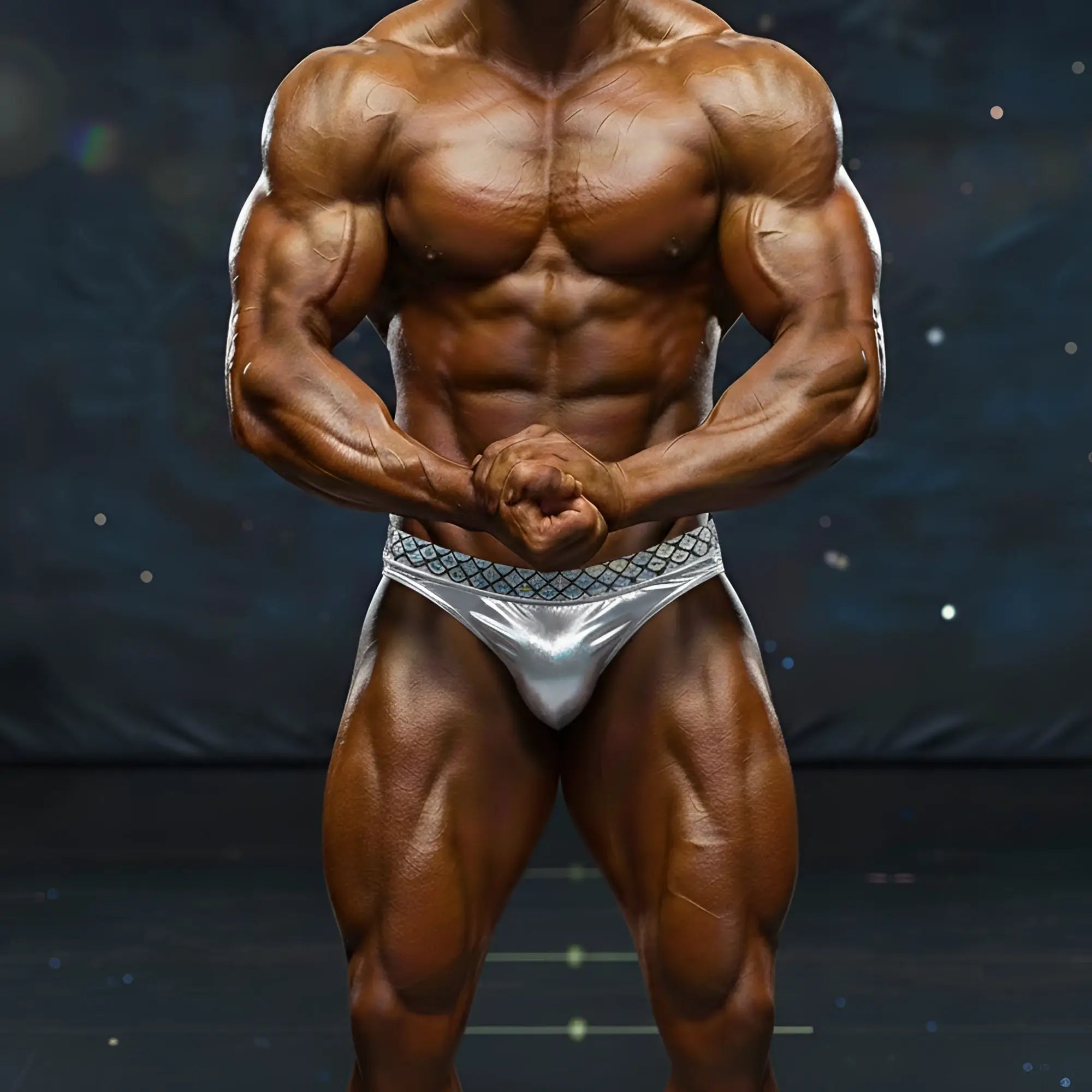 Shiny silver briefs with a patterned waistband from metro male wear metro muscle wear jupiter competition suit
