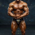 Black and gold patterned MetroMaleWear MetroMuscleWear Liam bodybuilding briefs with textured mesh fabric for competition use