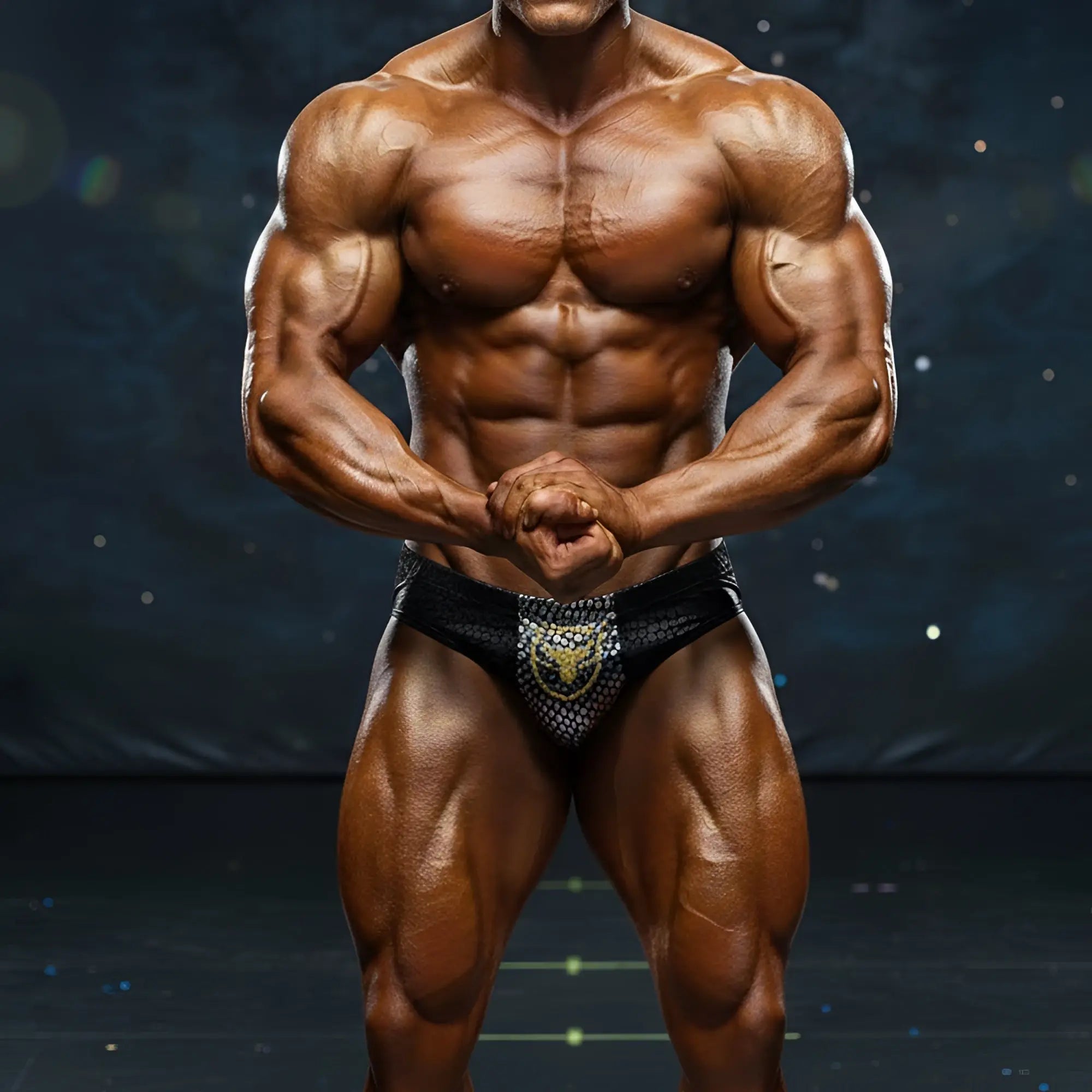 Black and gold patterned MetroMaleWear MetroMuscleWear Liam bodybuilding briefs with textured mesh fabric for competition use