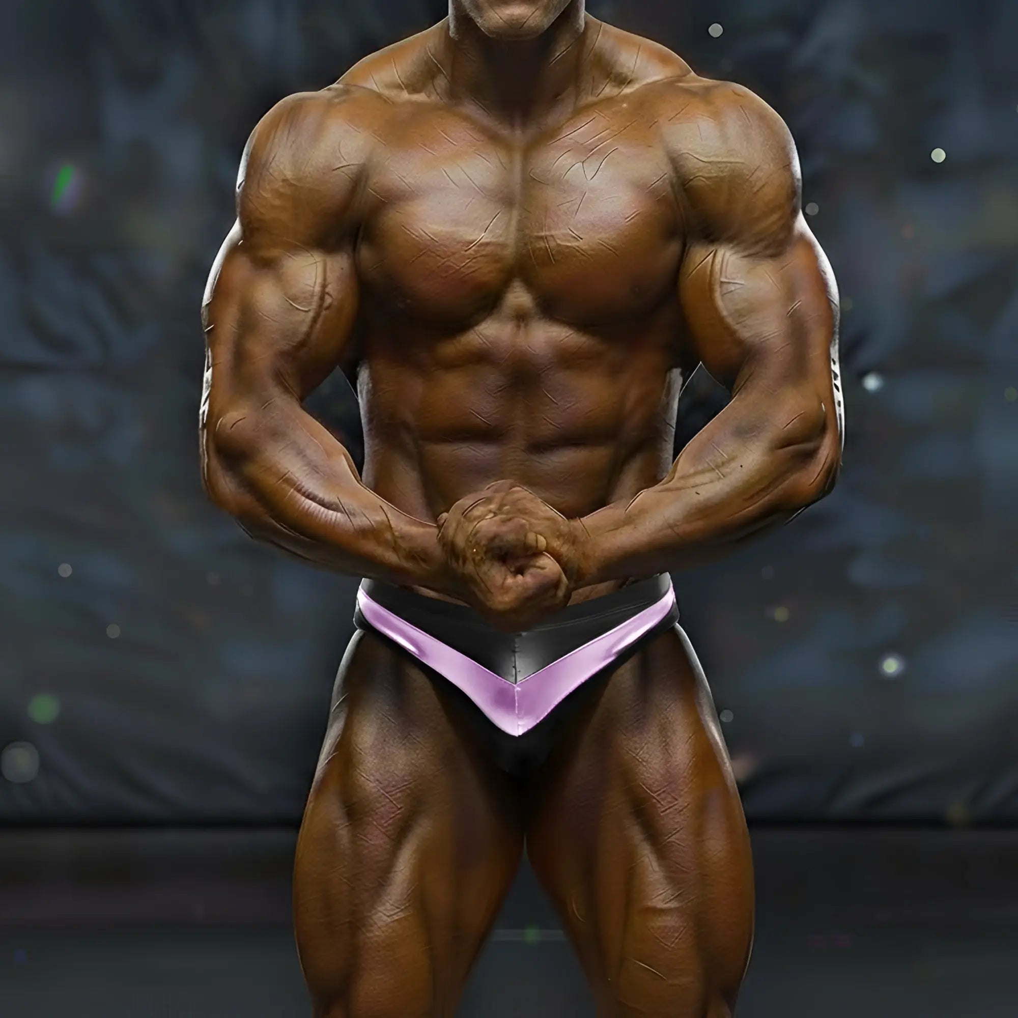 A muscular bodybuilder wearing black and purple MetroMaleWear MetroMuscleWear Mark competition briefs for bodybuilding