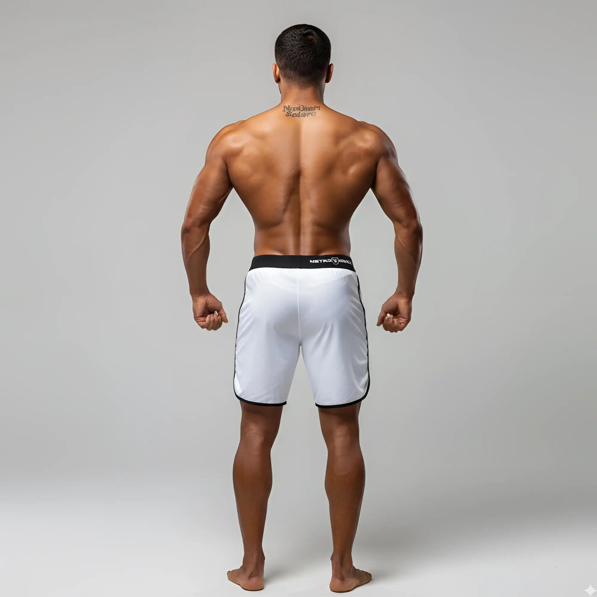 White athletic board shorts with black trim and metro musclewear branded waistband for active wear
