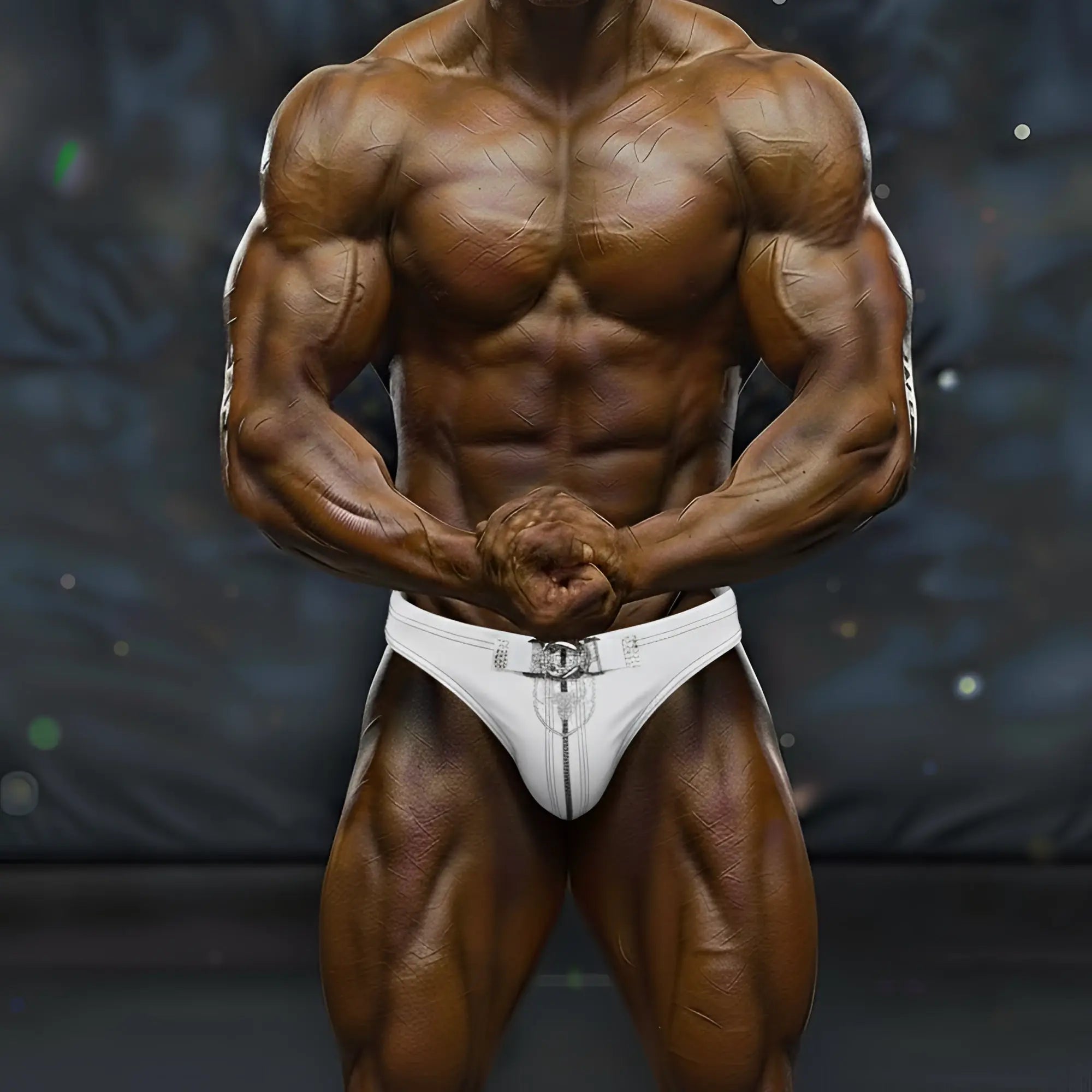 White athletic briefs with silver metallic zipper and buckle detail from metromalewear metromusclewear muscle competition suit blanco 4700-00