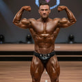 A muscular man with a glossy tanned complexion flexing arms in black leather MetroMaleWear muscle trunk with silver buckle