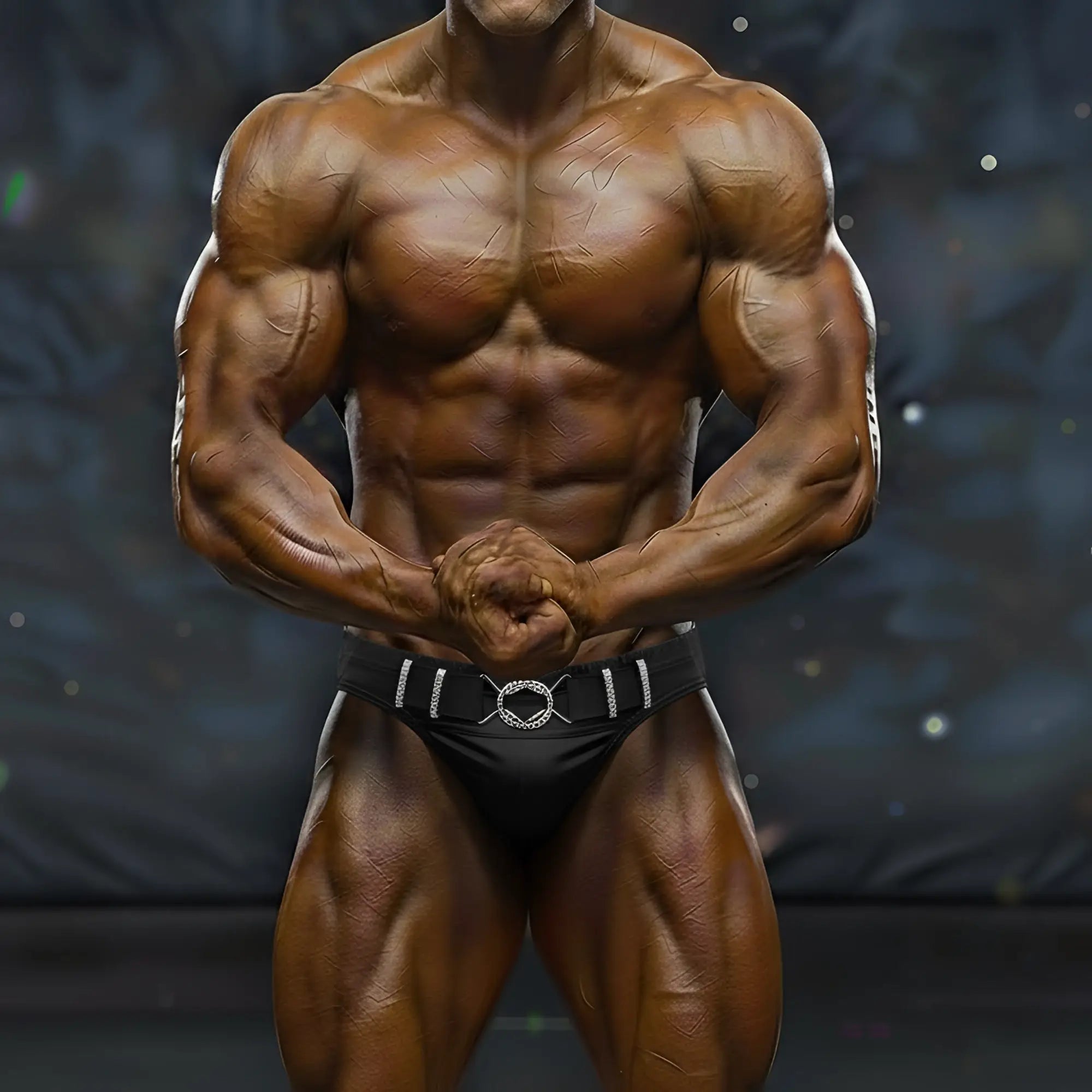 A muscular bodybuilder wearing black MetroMaleWear MetroMuscleWear muscle trunk with silver white decorative belt