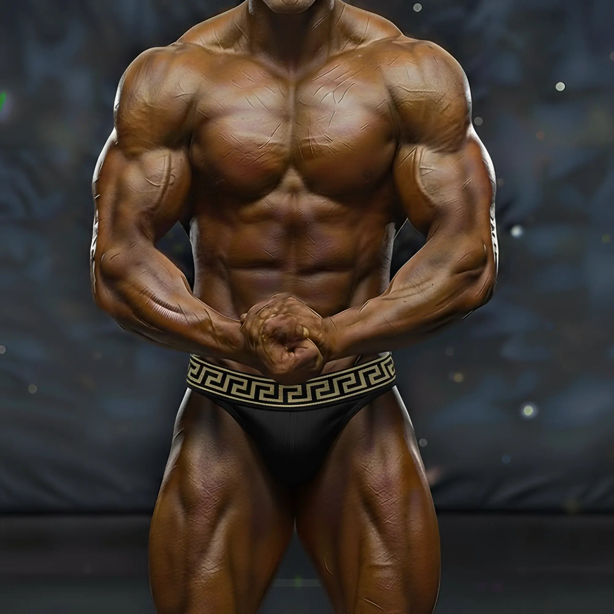 Black briefs with a gold greek key pattern waistband from metromalewear metromusclewear muscle trunk leonardo 4700-60