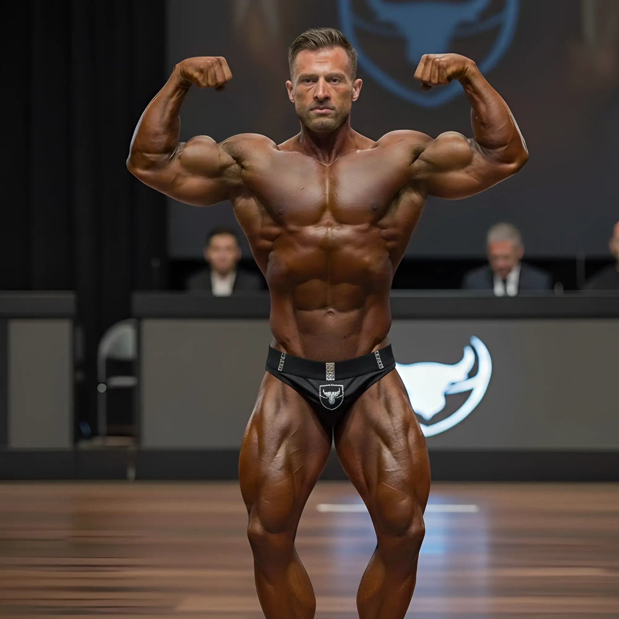 A muscular man flexing in black MetroMaleWear MetroMuscleWear Muscle Trunk briefs with a white bull logo at contest