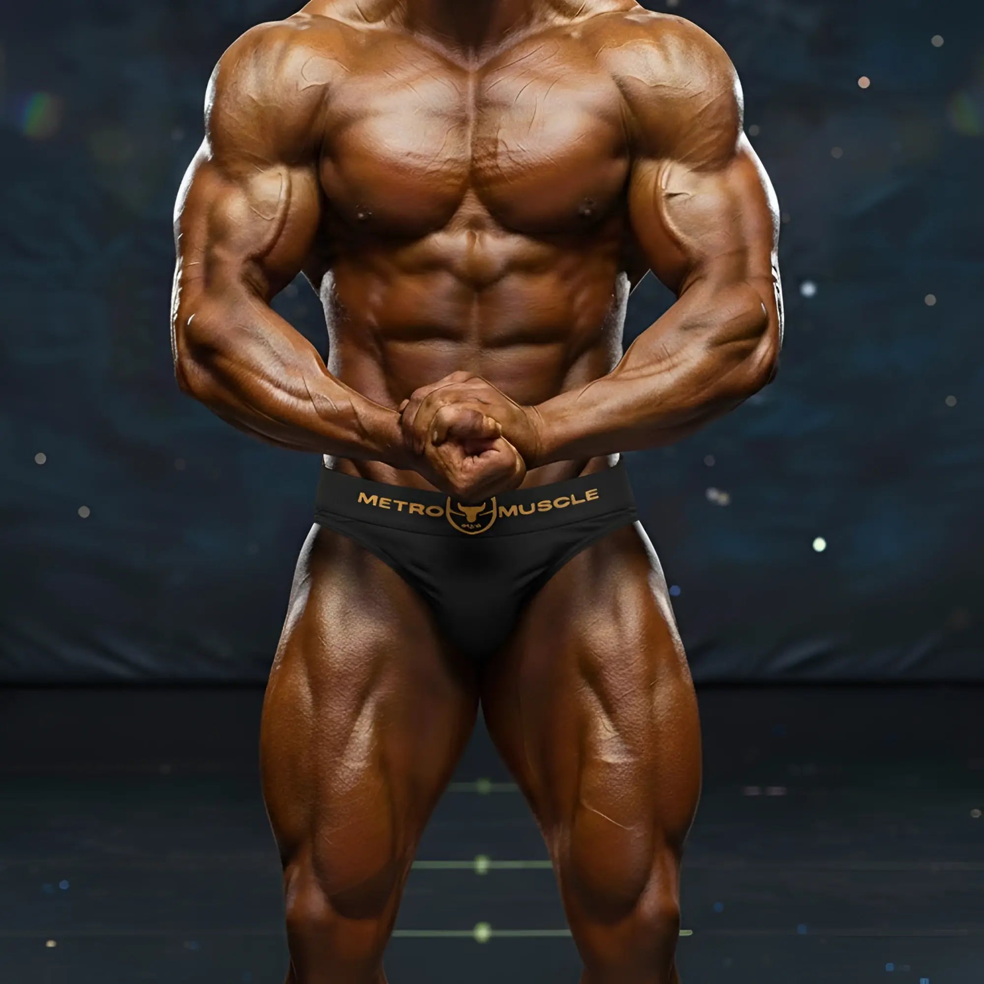 Black athletic briefs with gold metro muscle branding and bull logo from metro malewear muscle trunk sombrio 4700-25
