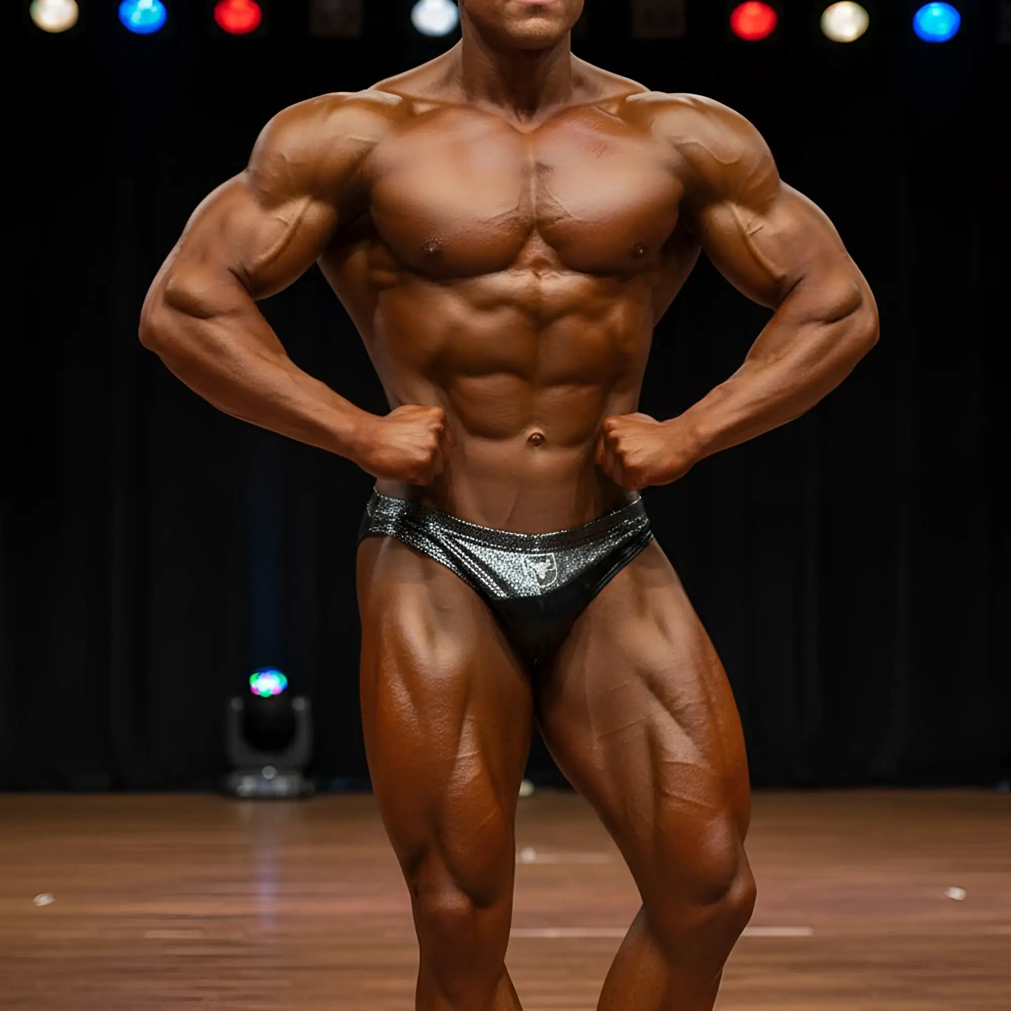 Shiny black and silver patterned competition briefs with logo waistband from MetroMaleWear MetroMuscleWear Nicolo trunk