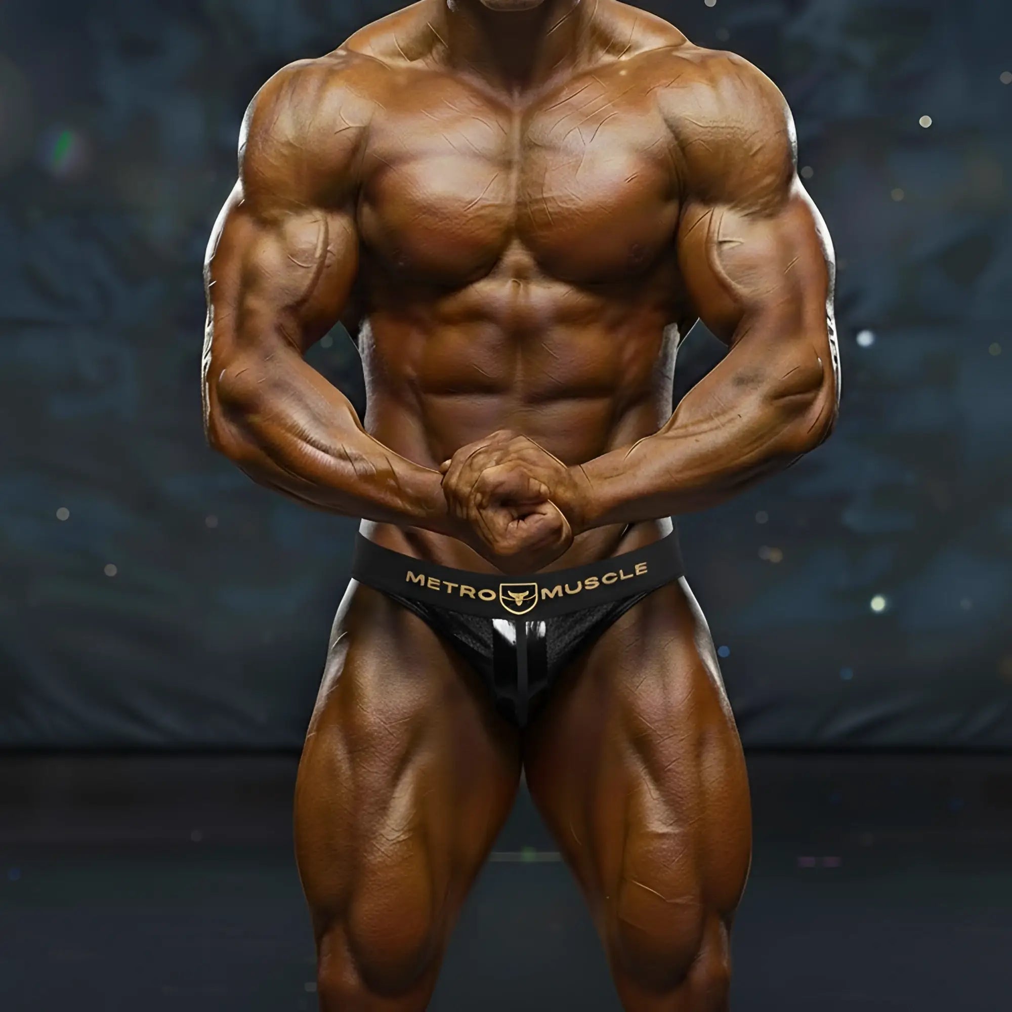 Black metro muscle branded briefs with gold logo and central vertical seam from MetroMaleWear Sebastian Competition Suit